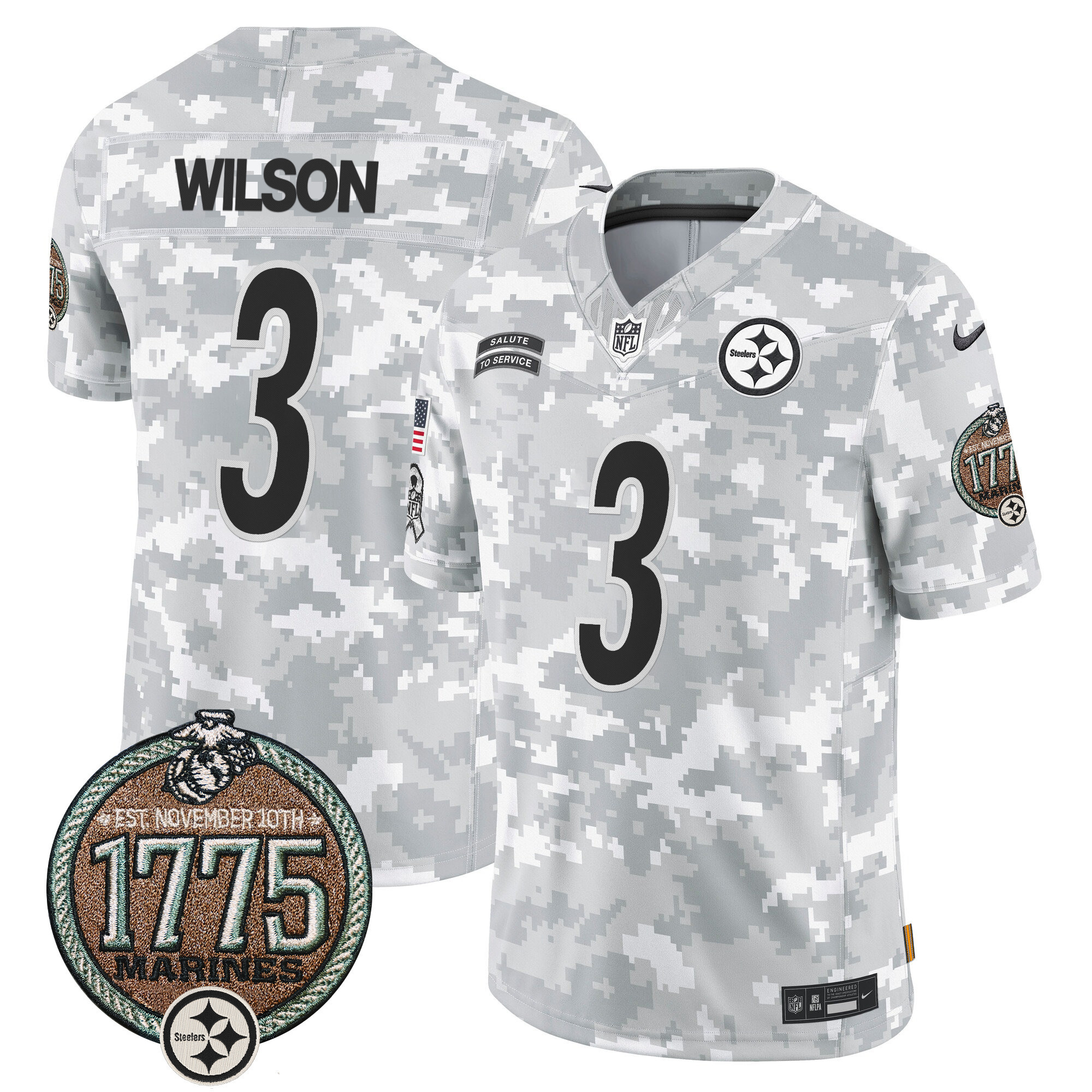 Russell Wilson Men's Pittsburgh Steelers 2024 Salute to Service Establishment Year Patch Vapor Limited Marines Jersey - All Stitched