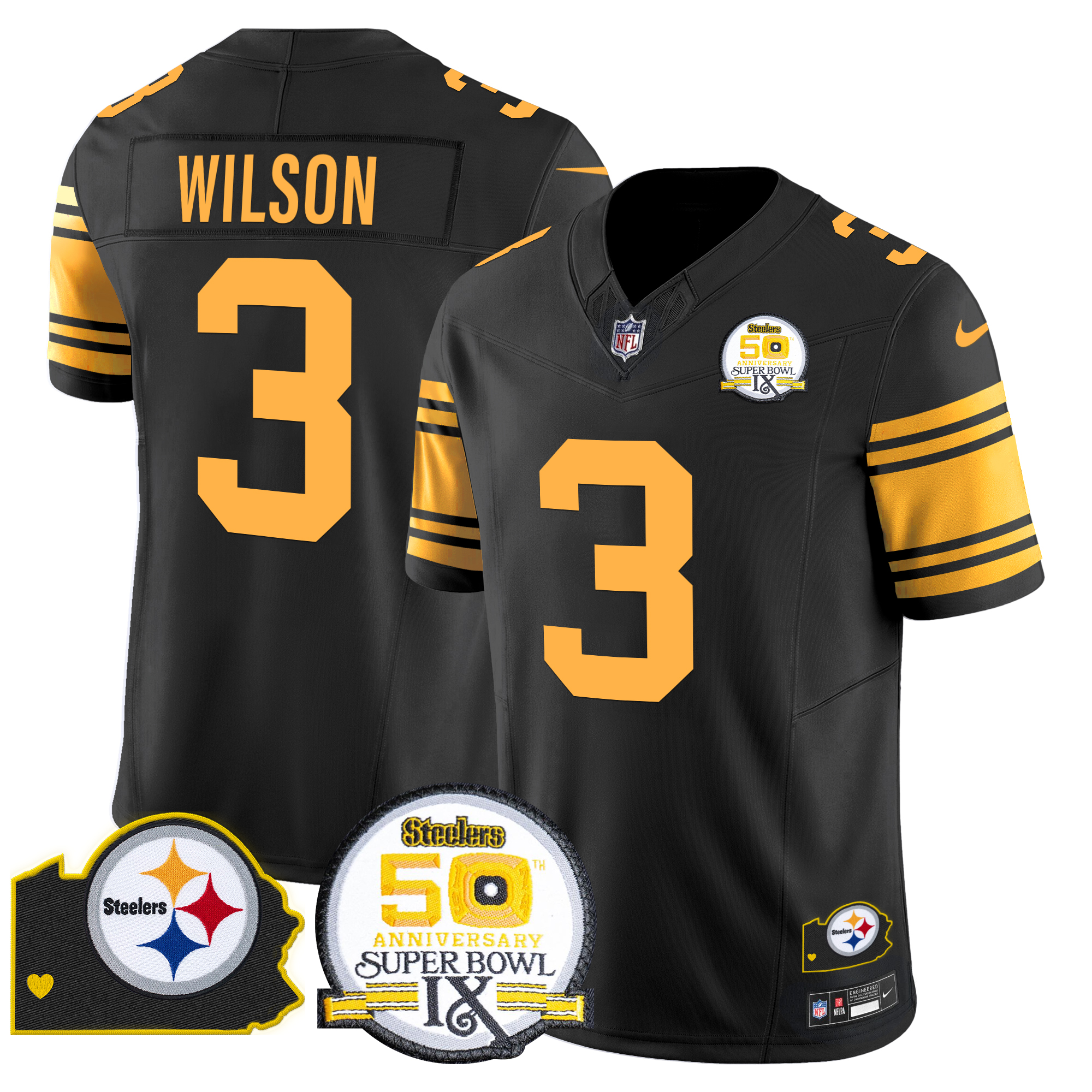 Russell Wilson Men's Pittsburgh Steelers 50th Anniversary Of Super Bowl IX & Map Patch Vapor Limited Color Rush Jersey - All Stitched