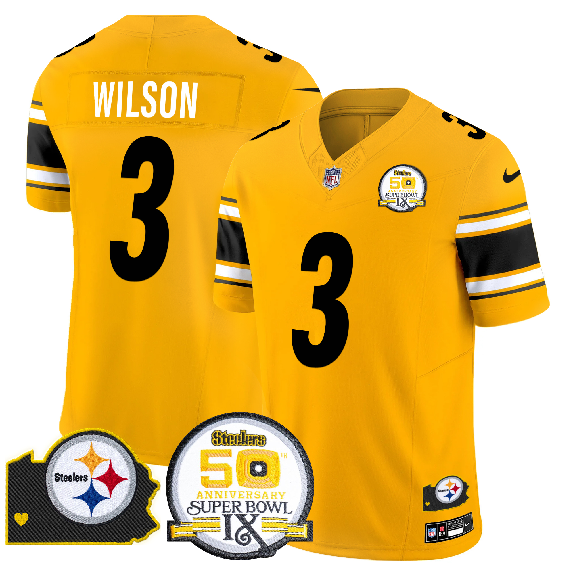 Russell Wilson Men's Pittsburgh Steelers 50th Anniversary Of Super Bowl IX & Map Patch Vapor Limited Gold Jersey - All Stitched