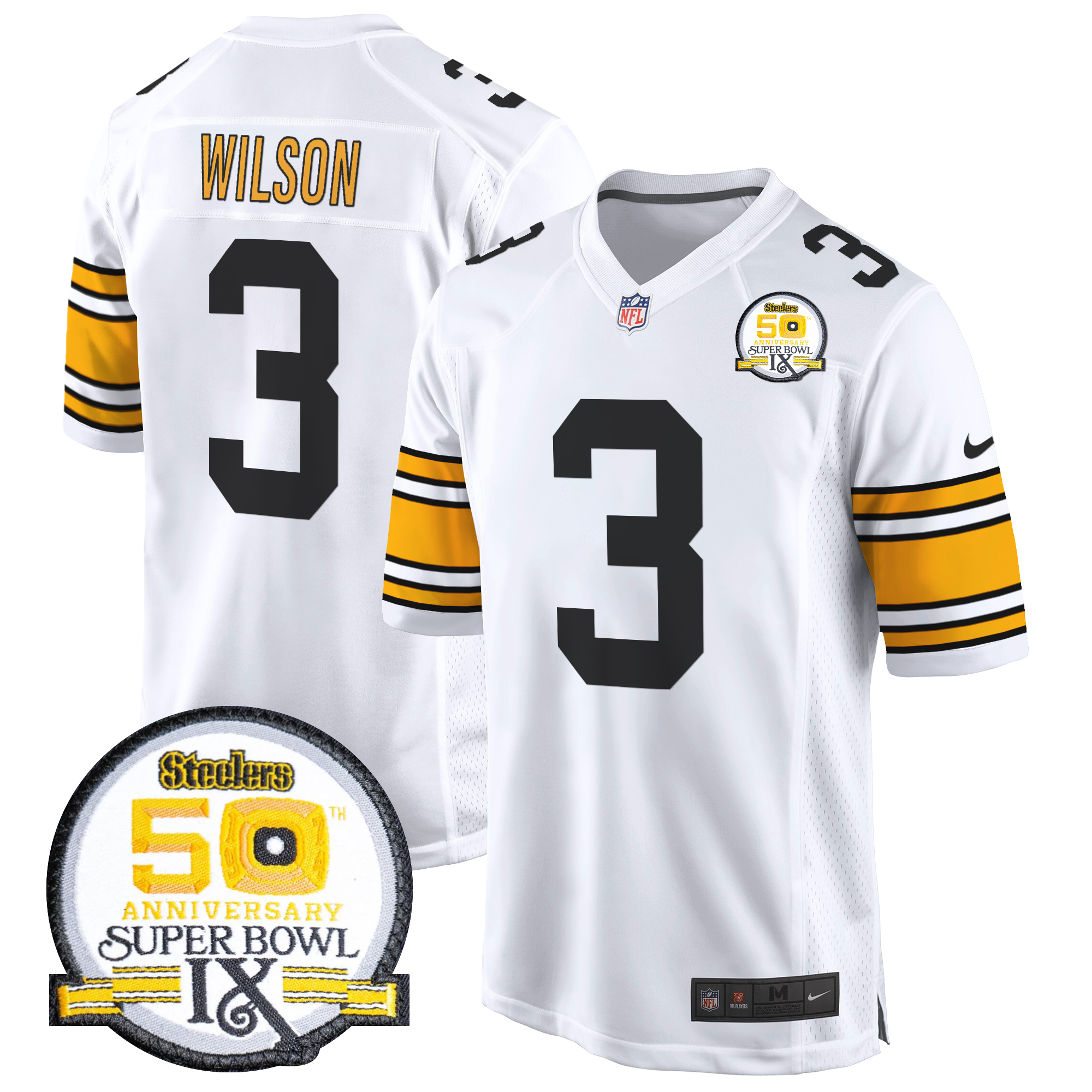Russell Wilson Men's Pittsburgh Steelers 50th Anniversary Of Super Bowl IX Patch Game 1975 White Jersey - All Stitched
