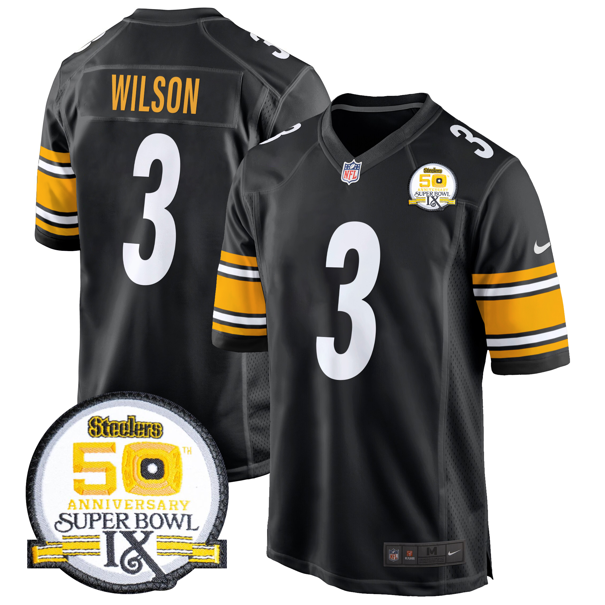 Russell Wilson Men's Pittsburgh Steelers 50th Anniversary Of Super Bowl IX Patch Game Black Jersey - All Stitched
