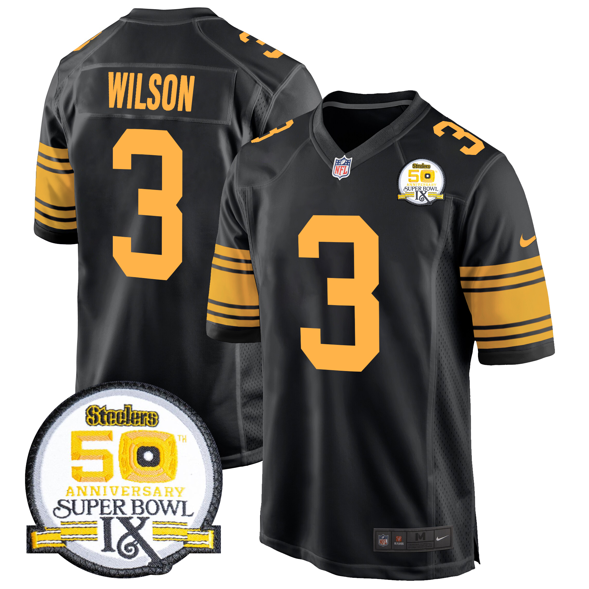 Russell Wilson Men's Pittsburgh Steelers 50th Anniversary Of Super Bowl IX Patch Game Color Rush Jersey - All Stitched
