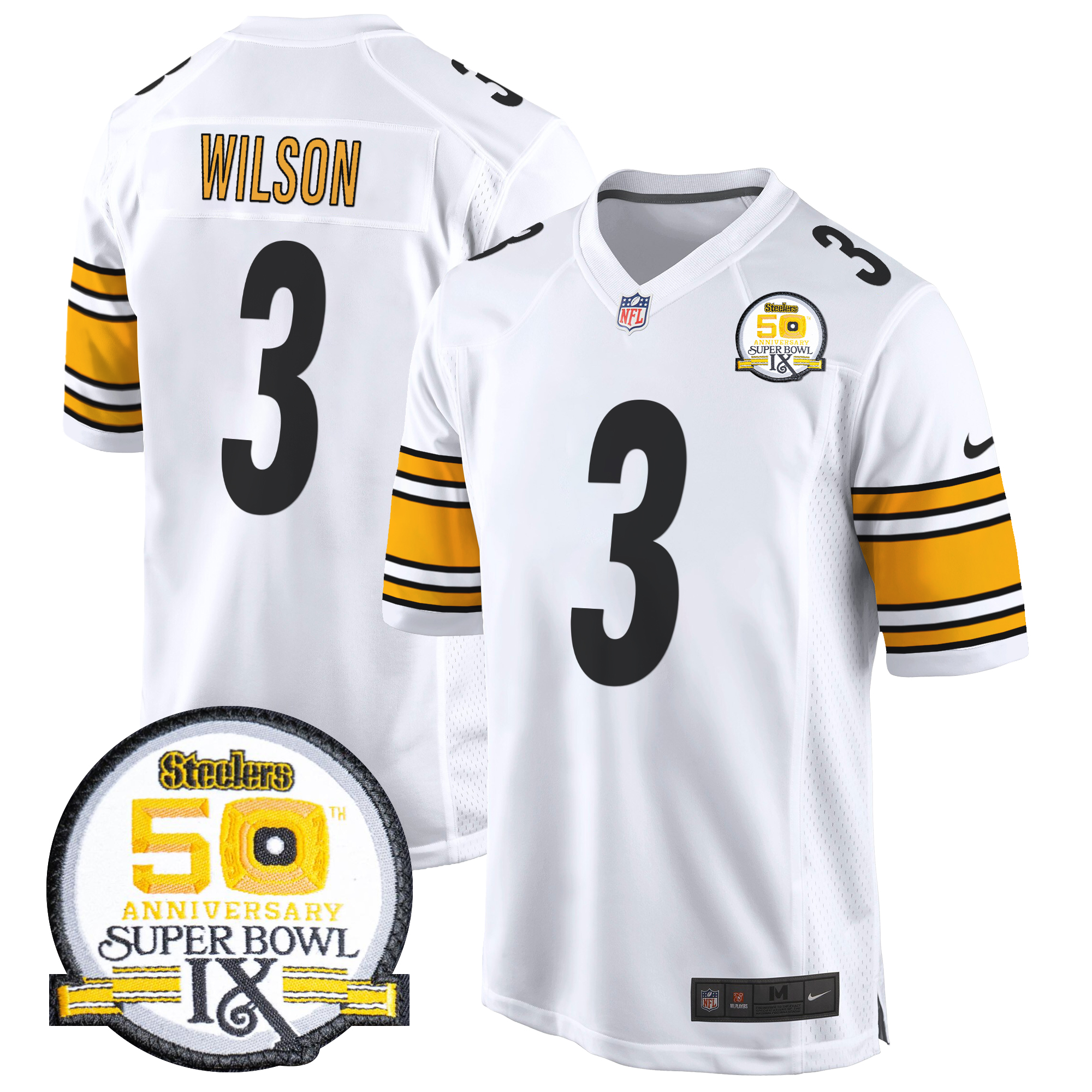 Russell Wilson Men's Pittsburgh Steelers 50th Anniversary Of Super Bowl IX Patch Game White Jersey - All Stitched