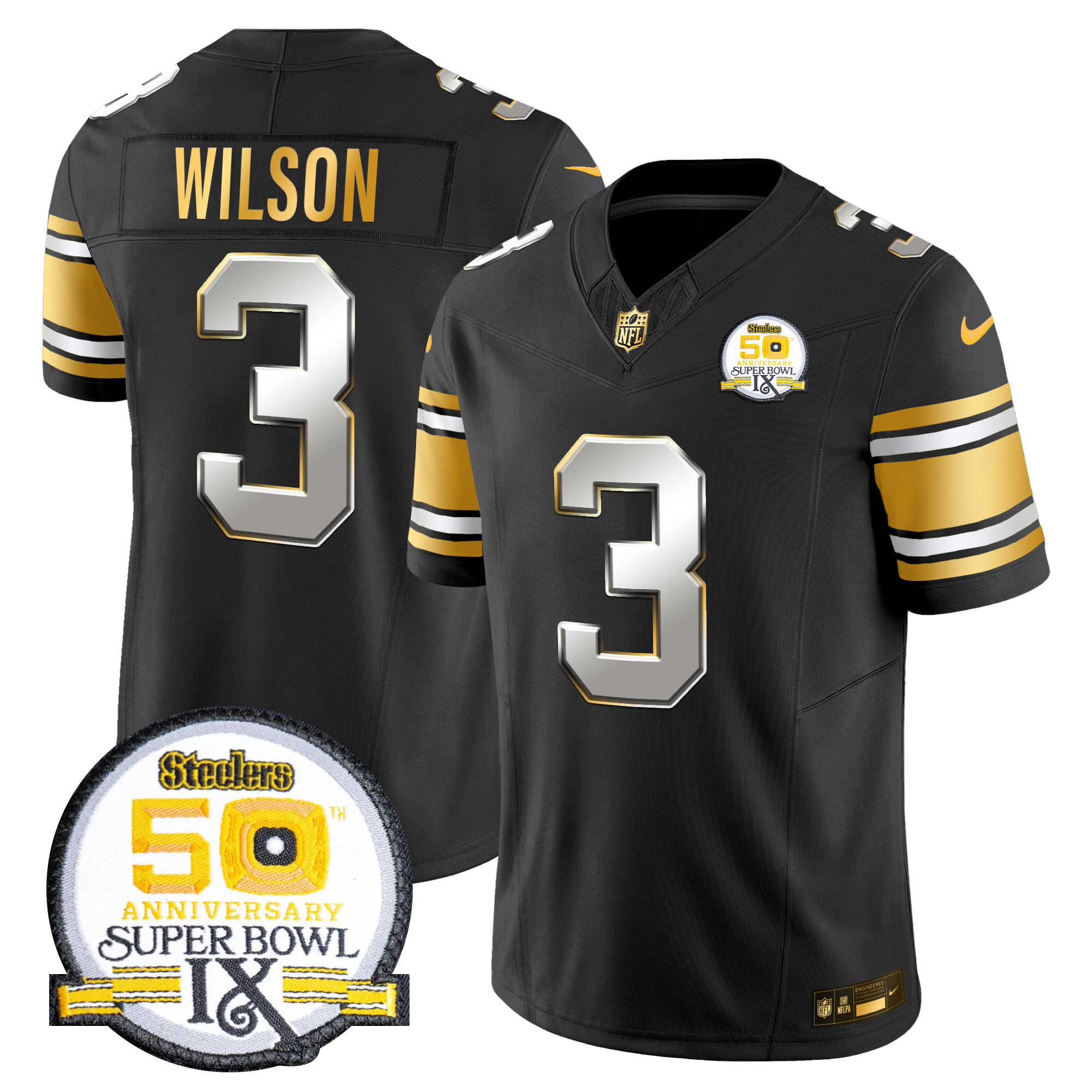 Russell Wilson Men's Pittsburgh Steelers 50th Anniversary of Super Bowl IX Patch Gold Vapor Limited Black Limited Jersey - All Stitched