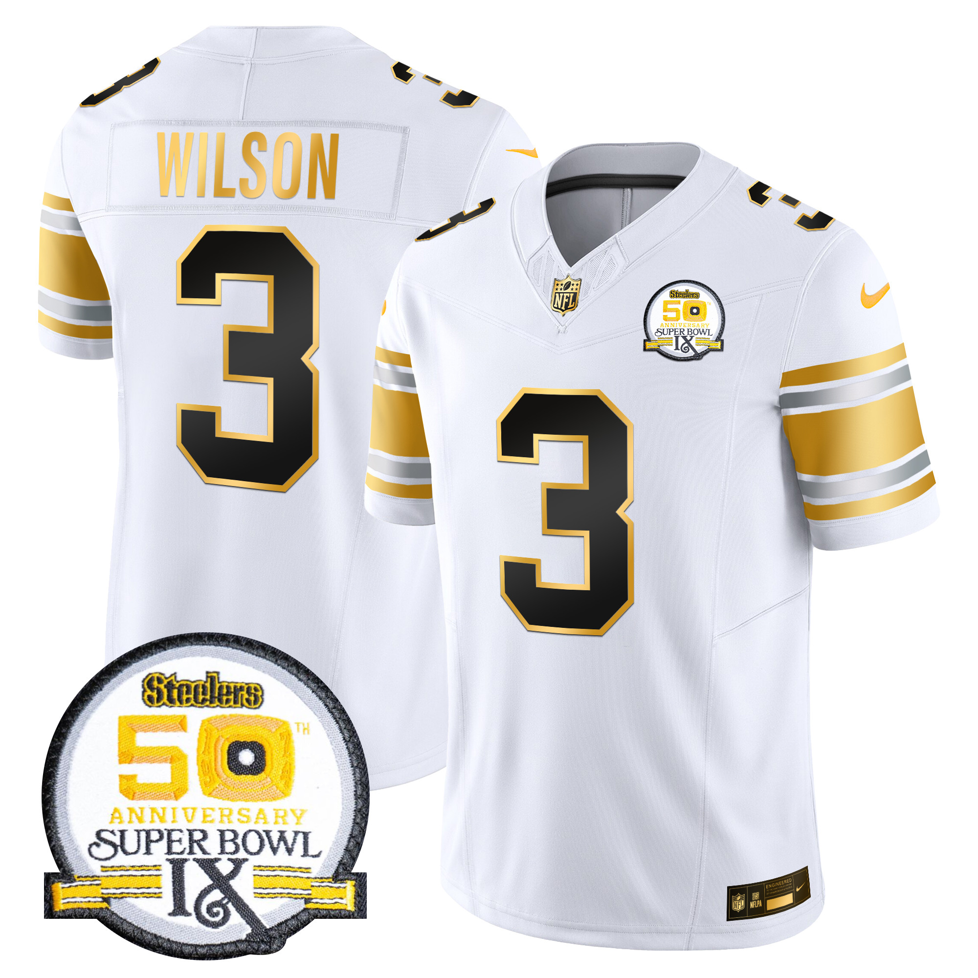 Russell Wilson Men's Pittsburgh Steelers 50th Anniversary of Super Bowl IX Patch Gold Vapor Limited White Gold Jersey - All Stitched