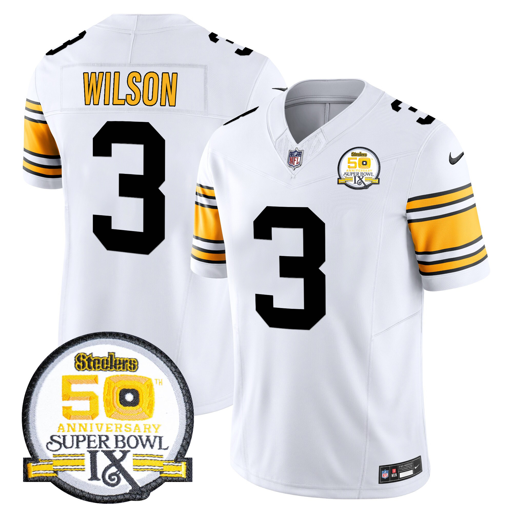 Russell Wilson Men's Pittsburgh Steelers 50th Anniversary Of Super Bowl IX Patch Vapor Limited 1975 White Jersey - All Stitched