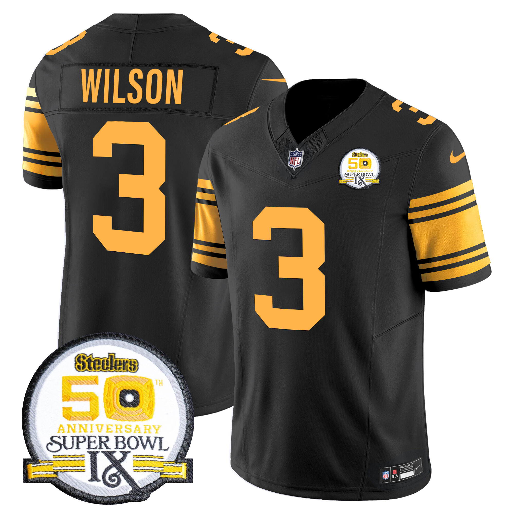 Russell Wilson Men's Pittsburgh Steelers 50th Anniversary Of Super Bowl IX Patch Vapor Limited Color Rush Jersey - All Stitched