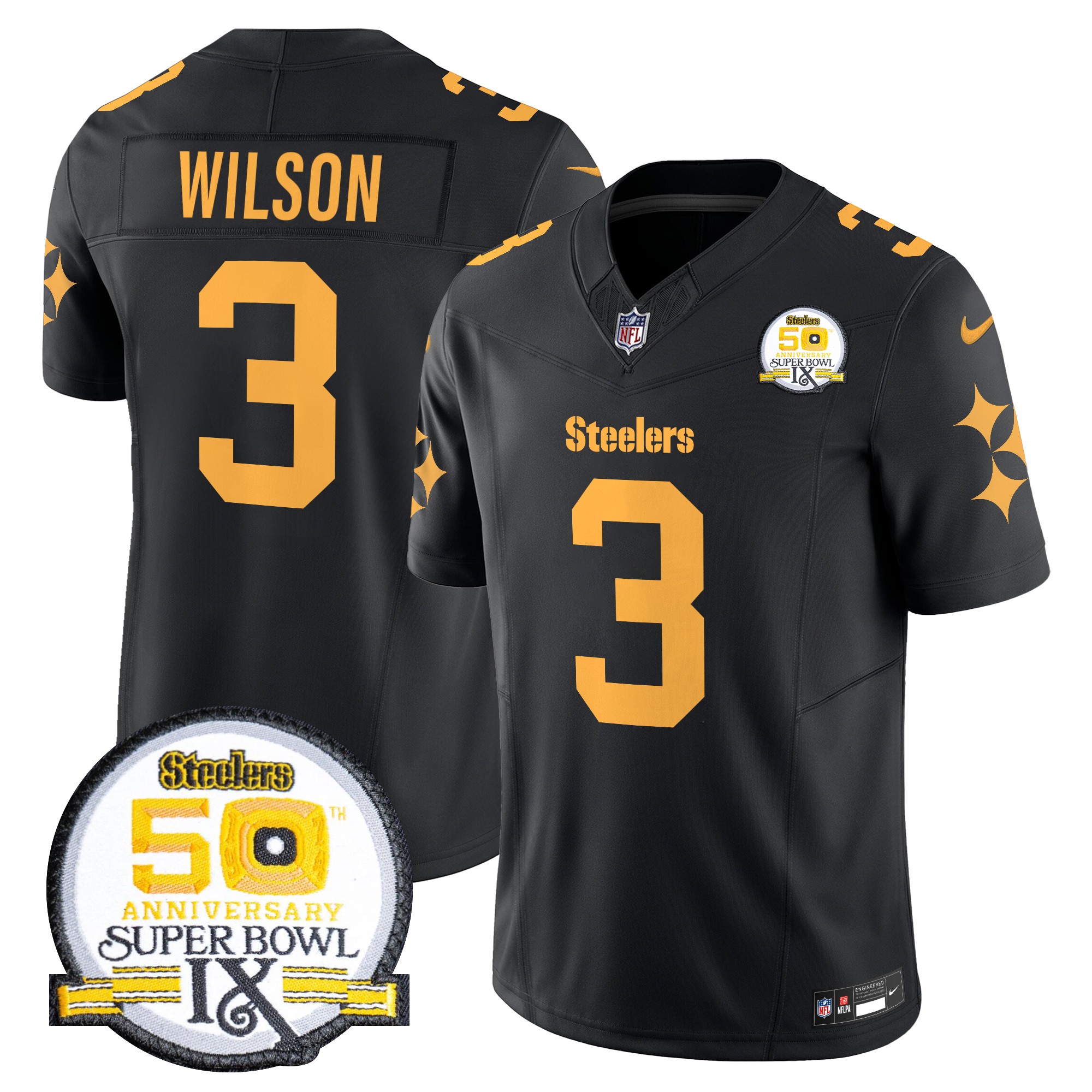 Russell Wilson Men's Pittsburgh Steelers 50th Anniversary Of Super Bowl IX Patch Vapor Limited Color Rush Jersey - All Stitched