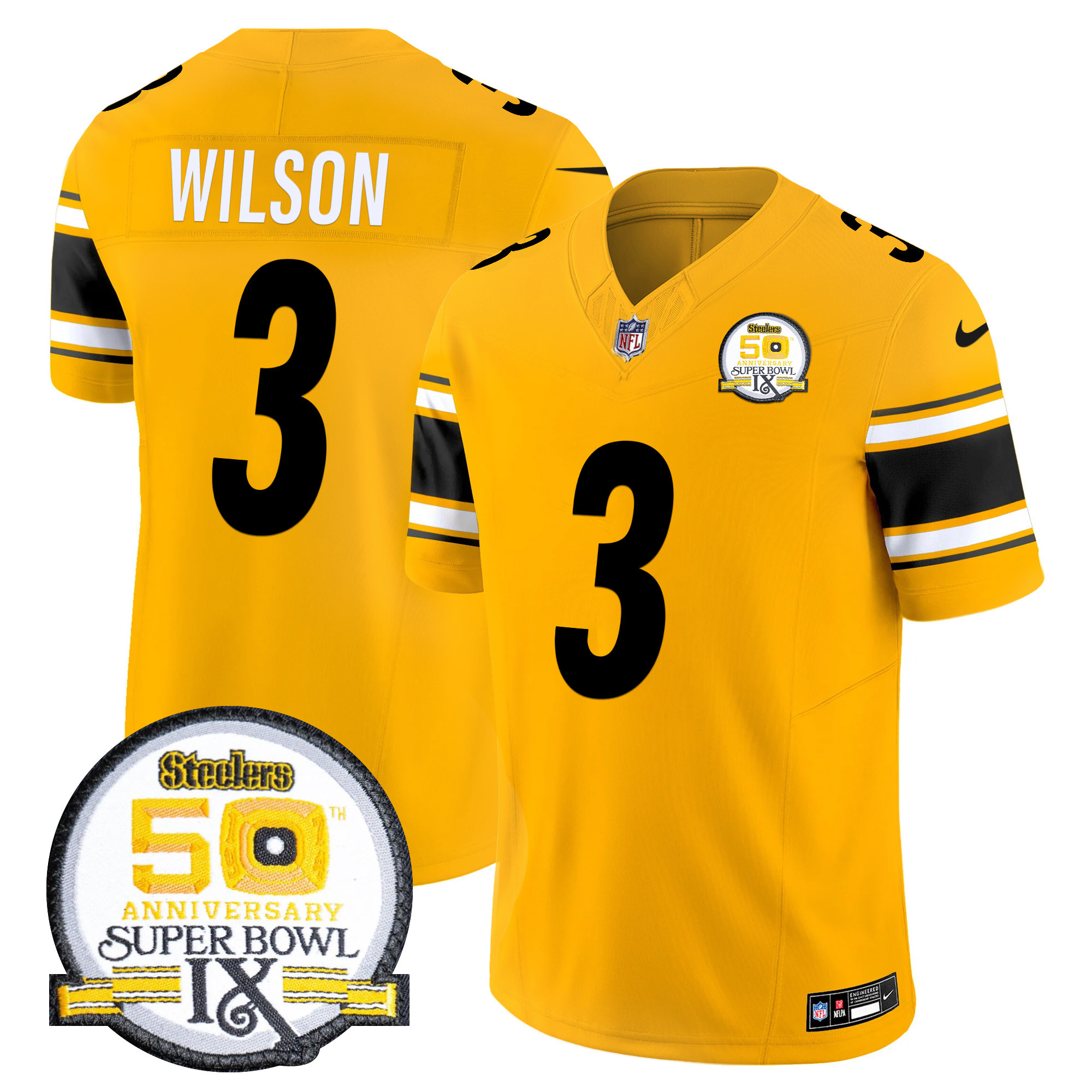 Russell Wilson Men's Pittsburgh Steelers 50th Anniversary Of Super Bowl IX Patch Vapor Limited Gold Jersey - All Stitched
