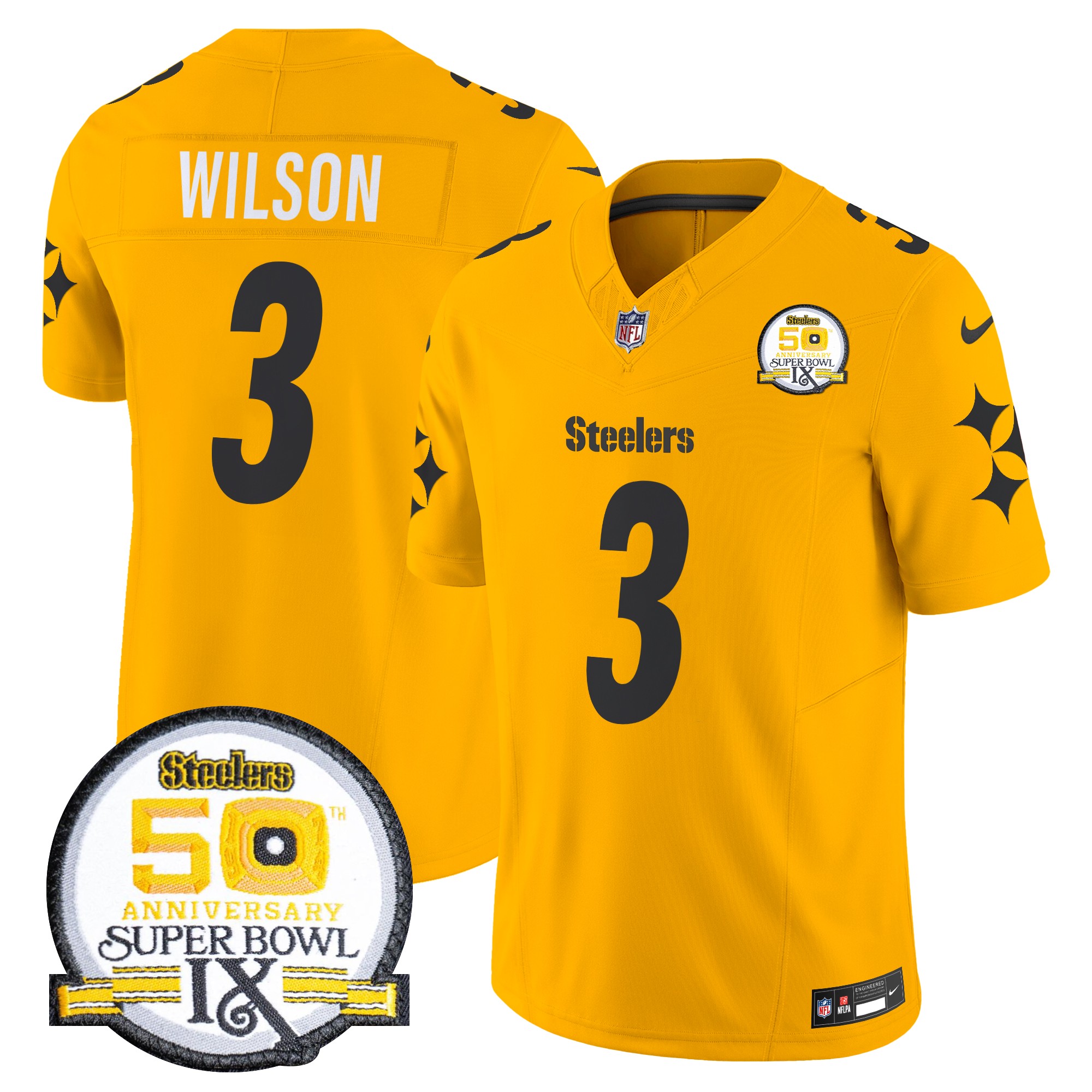 Russell Wilson Men's Pittsburgh Steelers 50th Anniversary Of Super Bowl IX Patch Vapor Limited Gold Jersey - All Stitched