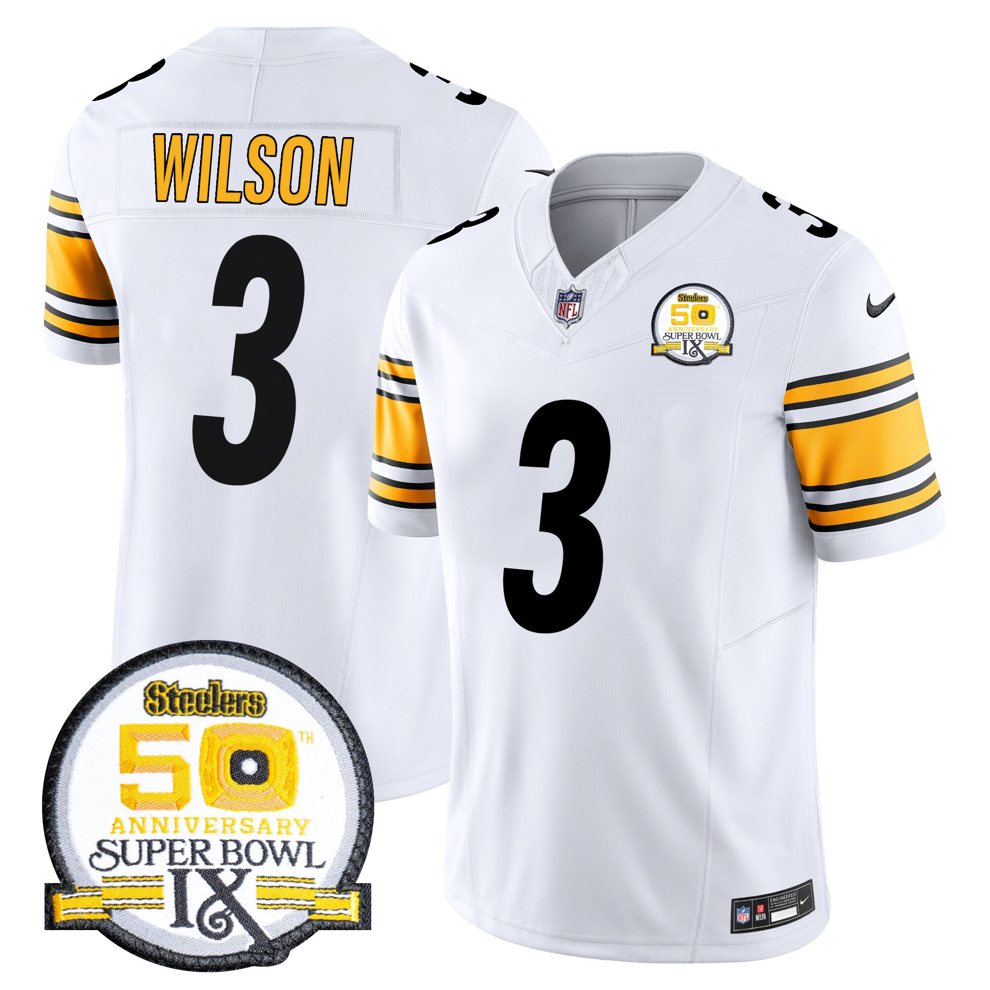 Russell Wilson Men's Pittsburgh Steelers 50th Anniversary Of Super Bowl IX Patch Vapor Limited White Jersey - All Stitched