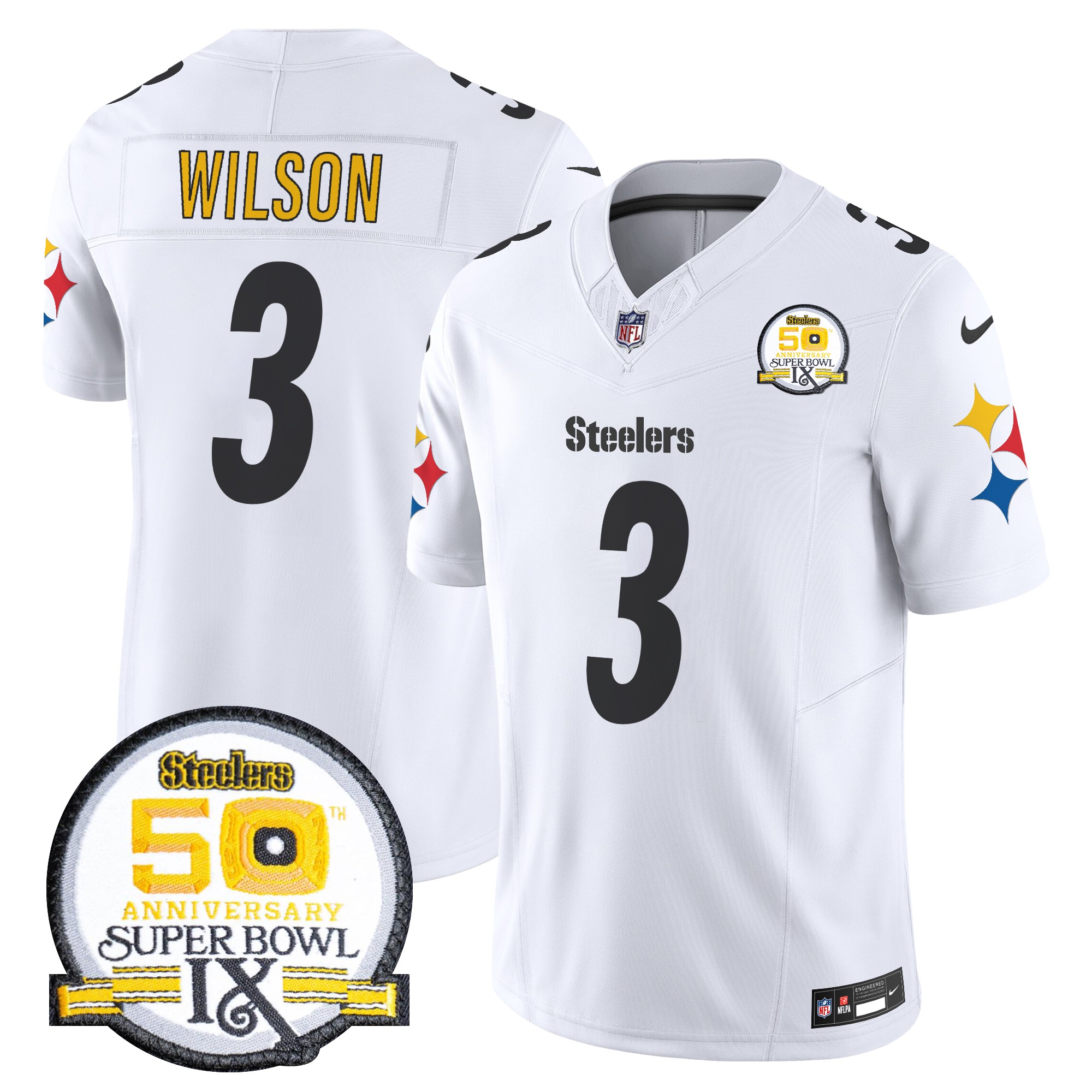 Russell Wilson Men's Pittsburgh Steelers 50th Anniversary Of Super Bowl IX Patch Vapor Limited White Jersey - All Stitched