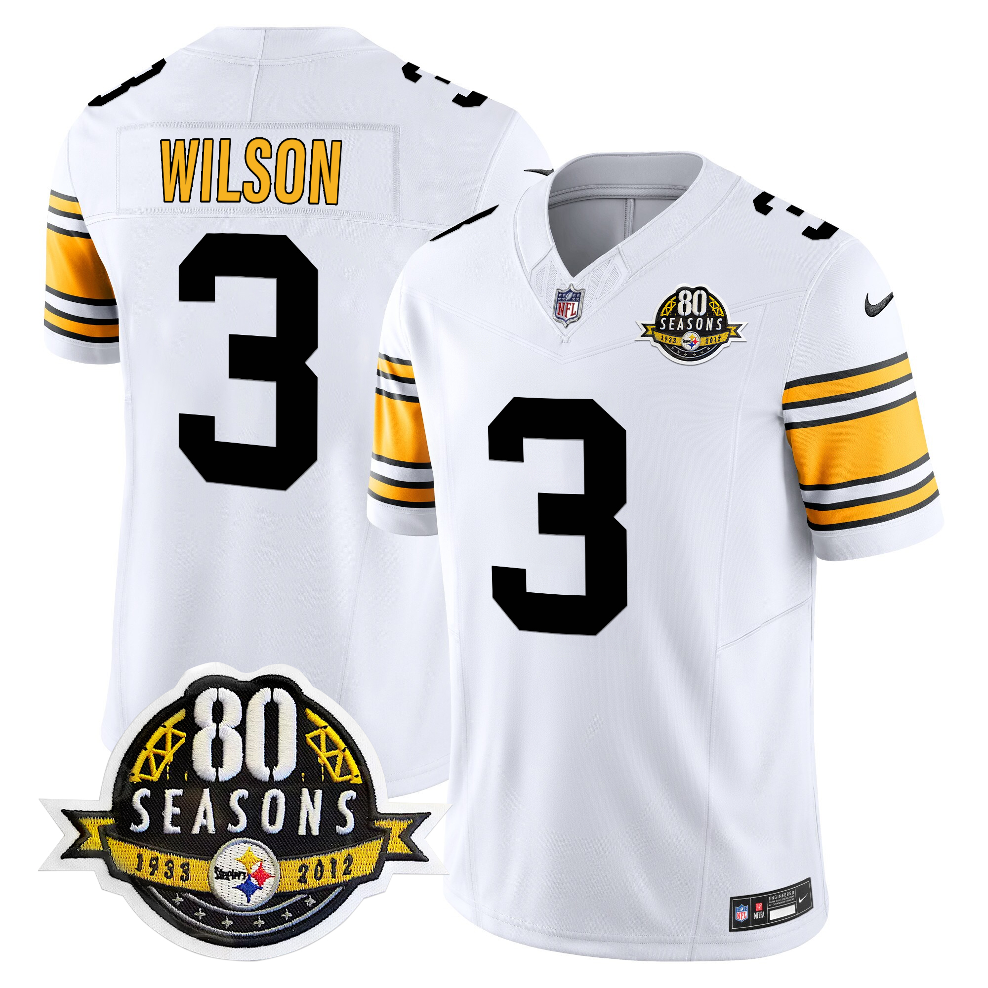 Russell Wilson Men's Pittsburgh Steelers 80th Anniversary Patch Vapor Limited 1975 White Jersey - All Stitched