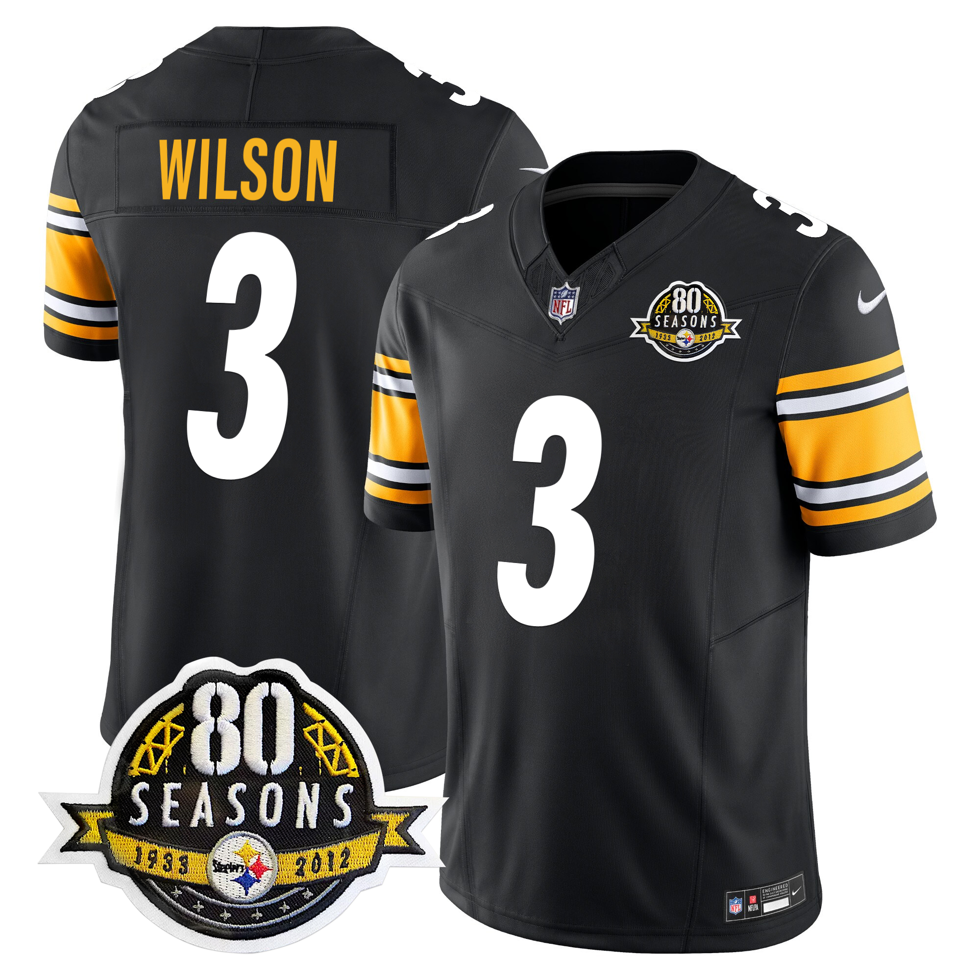 Russell Wilson Men's Pittsburgh Steelers 80th Anniversary Patch Vapor Limited Black Jersey - All Stitched