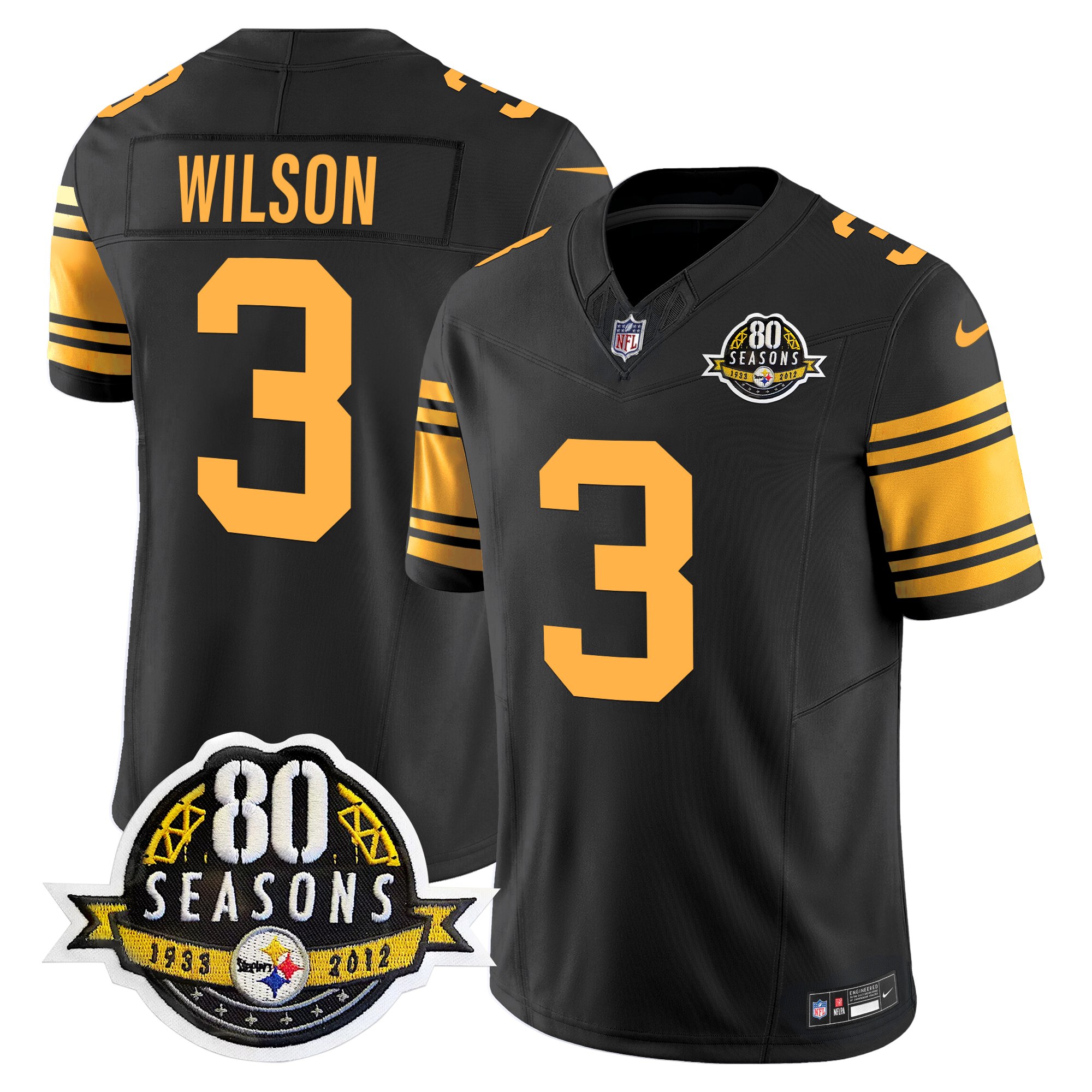 Russell Wilson Men's Pittsburgh Steelers 80th Anniversary Patch Vapor Limited Color Rush Jersey - All Stitched