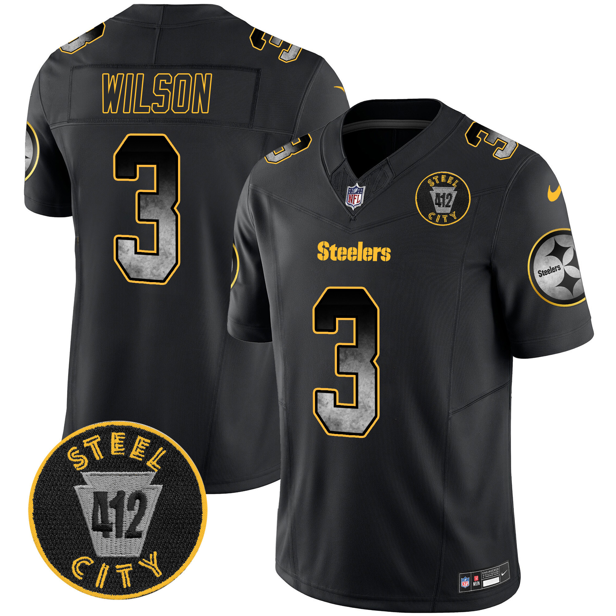 Russell Wilson Men's Pittsburgh Steelers Arch Smoke 412 Patch Vapor Limited Black Jersey - All Stitched