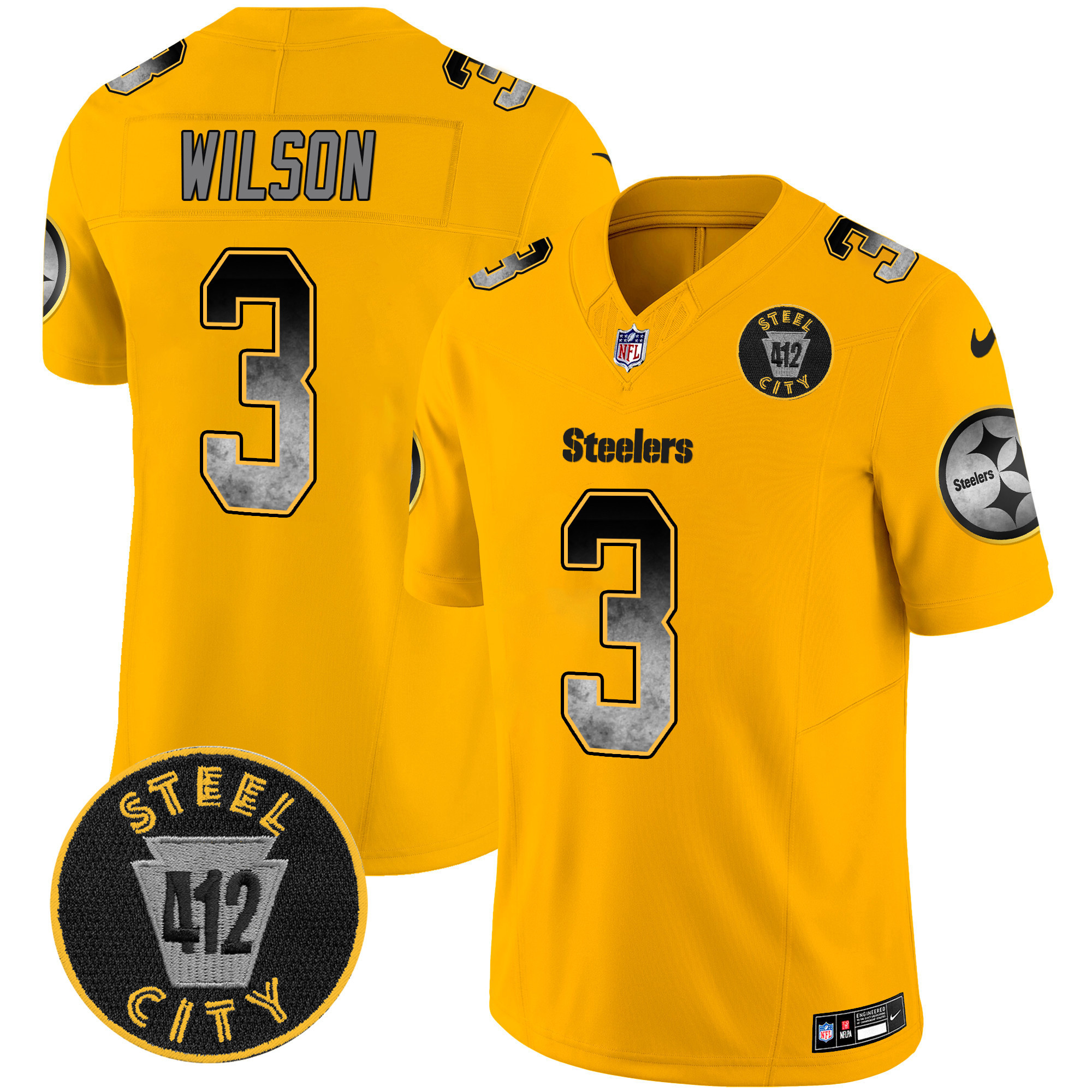 Russell Wilson Men's Pittsburgh Steelers Arch Smoke 412 Patch Vapor Limited Gold Jersey - All Stitched