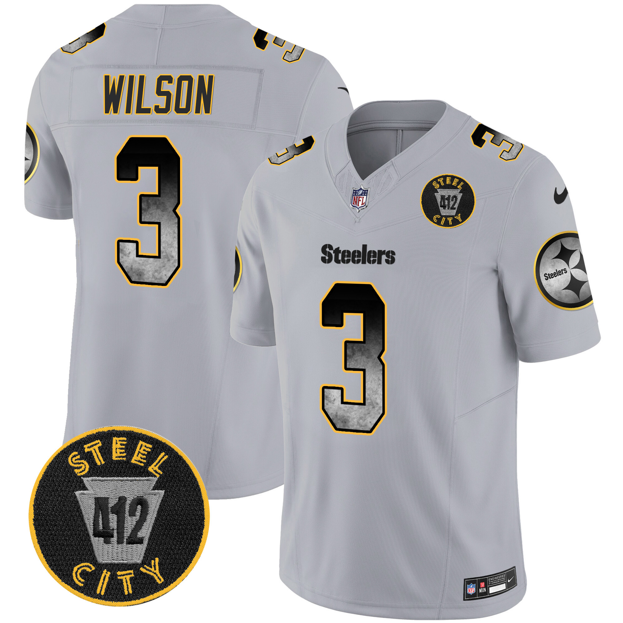 Russell Wilson Men's Pittsburgh Steelers Arch Smoke 412 Patch Vapor Limited Gray Jersey - All Stitched