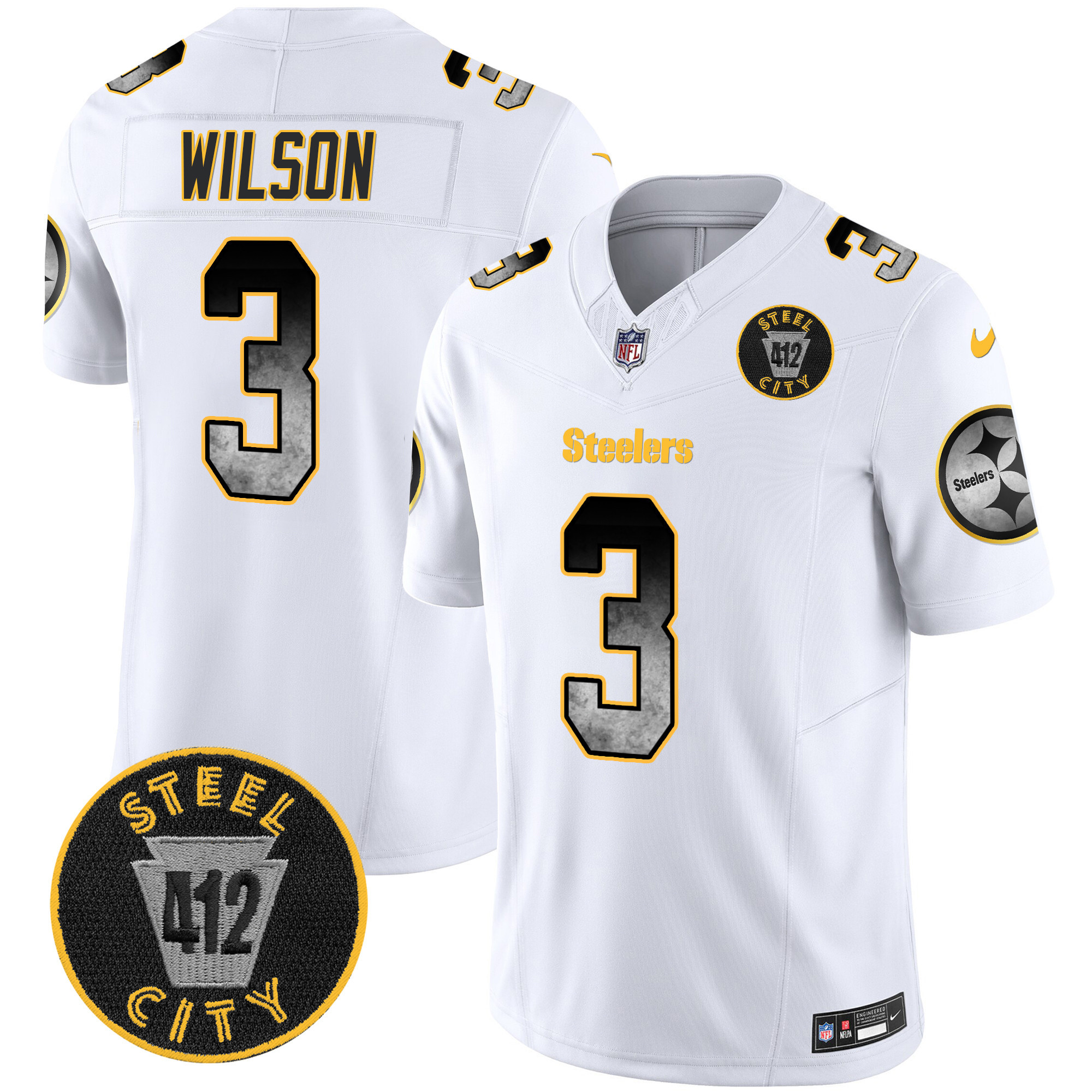 Russell Wilson Men's Pittsburgh Steelers Arch Smoke 412 Patch Vapor Limited White Jersey - All Stitched