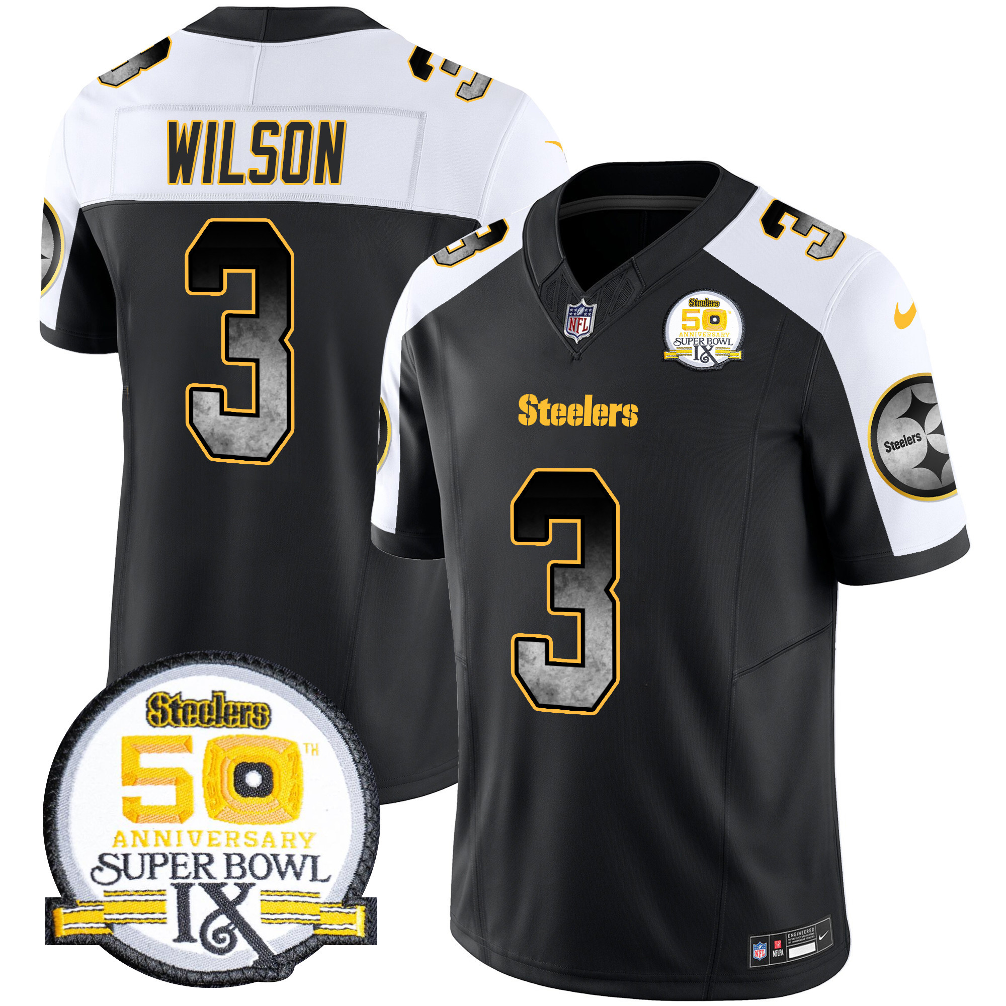 Russell Wilson Men's Pittsburgh Steelers Arch Smoke 50th Anniversary Of Super Bowl IX Patch Vapor Limited Alternate Jersey - All Stitched