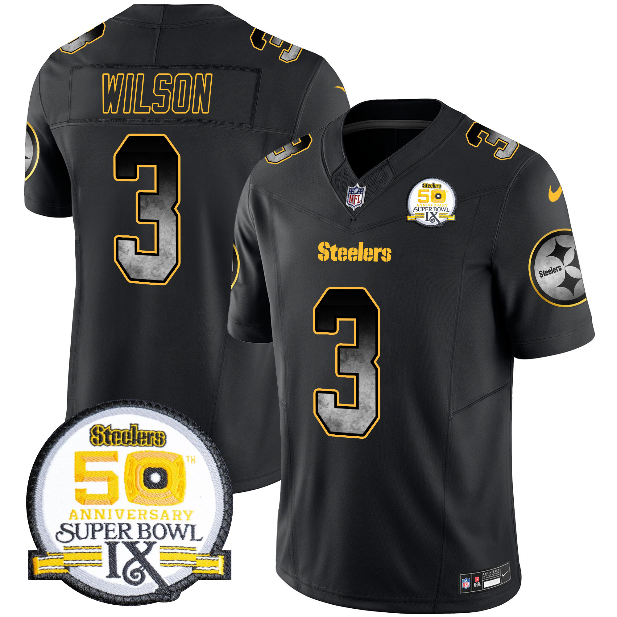 Russell Wilson Men's Pittsburgh Steelers Arch Smoke 50th Anniversary Of Super Bowl IX Patch Vapor Limited Black Jersey - All Stitched