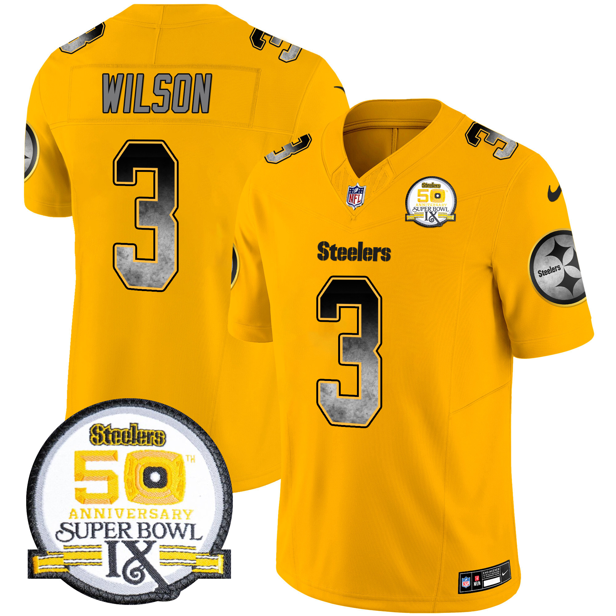 Russell Wilson Men's Pittsburgh Steelers Arch Smoke 50th Anniversary Of Super Bowl IX Patch Vapor Limited Gold Jersey - All Stitched