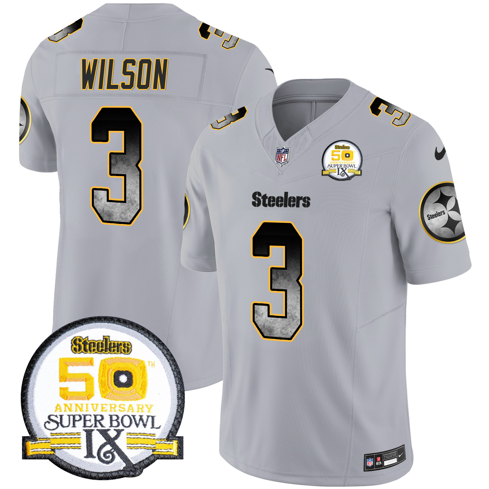 Russell Wilson Men's Pittsburgh Steelers Arch Smoke 50th Anniversary Of Super Bowl IX Patch Vapor Limited Gray Jersey - All Stitched