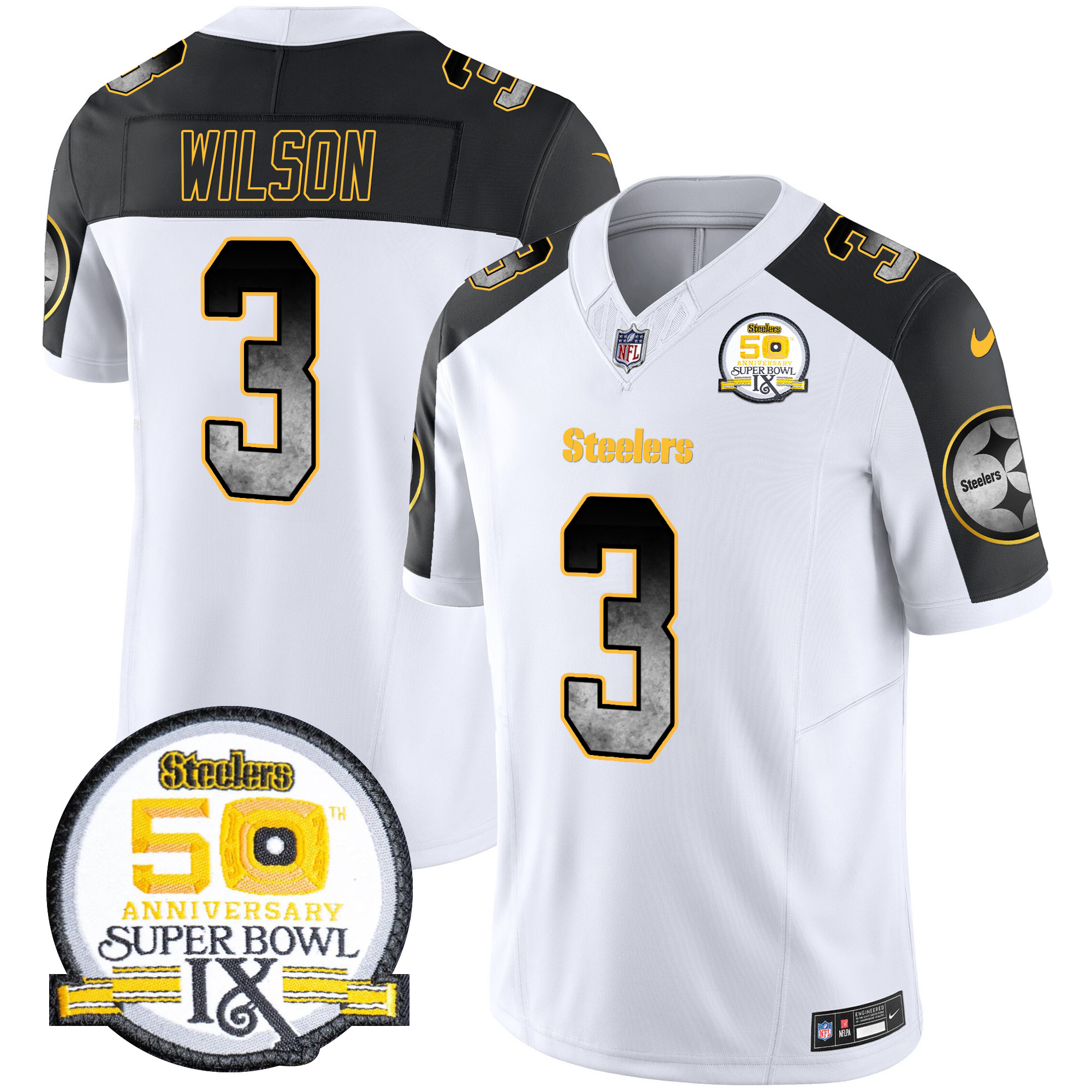 Russell Wilson Men's Pittsburgh Steelers Arch Smoke 50th Anniversary Of Super Bowl IX Patch Vapor Limited Inverted Jersey - All Stitched