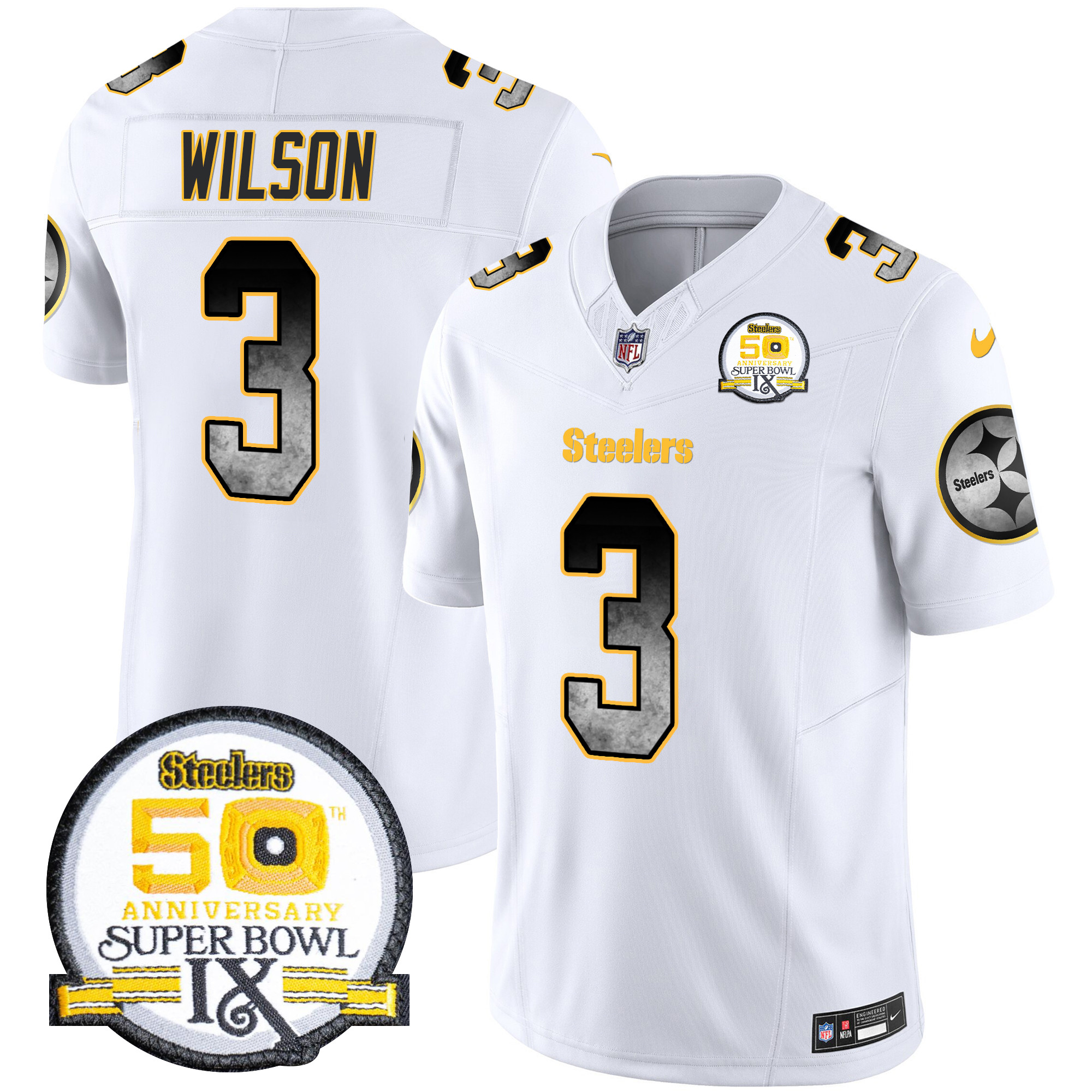 Russell Wilson Men's Pittsburgh Steelers Arch Smoke 50th Anniversary Of Super Bowl IX Patch Vapor Limited White Jersey - All Stitched
