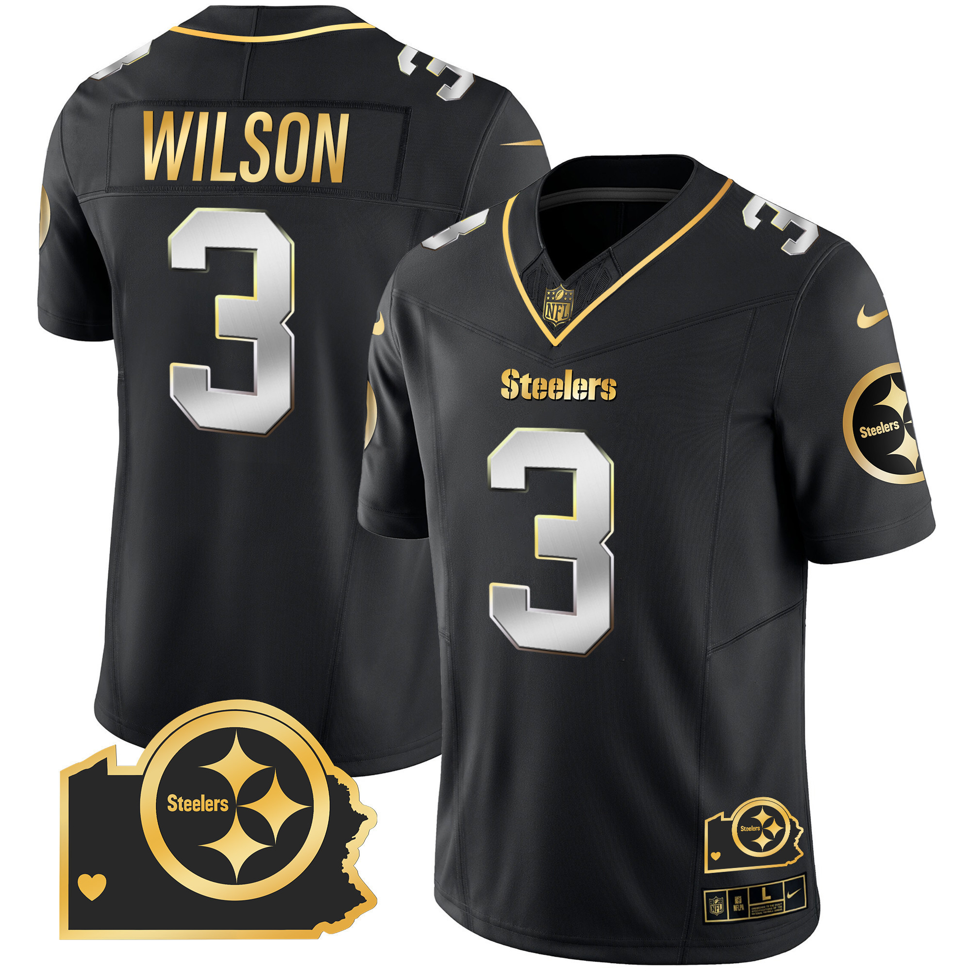 Russell Wilson Men's Pittsburgh Steelers Home Patch Gold Vapor Black Limited Jersey - All Stitched
