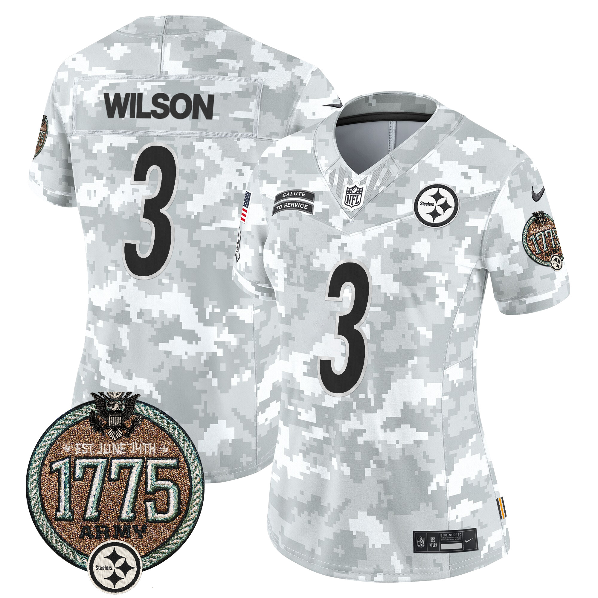 Russell Wilson Women's Pittsburgh Steelers 2024 Salute to Service Establishment Year Patch Vapor Limited Army Jersey - All Stitched