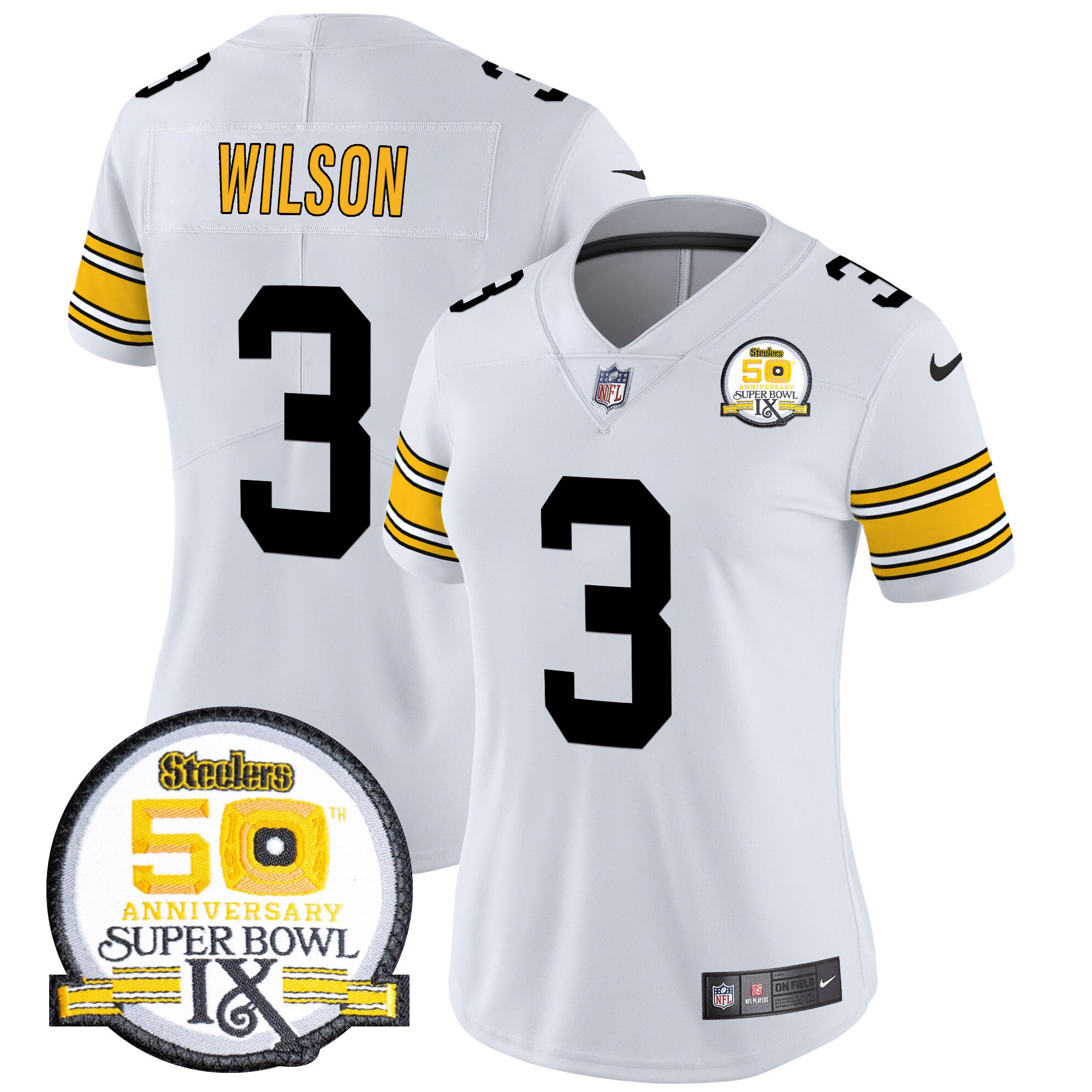 Russell Wilson Women's Pittsburgh Steelers 50th Anniversary Of Super Bowl IX Patch Vapor Limited 1975 White Jersey - All Stitched