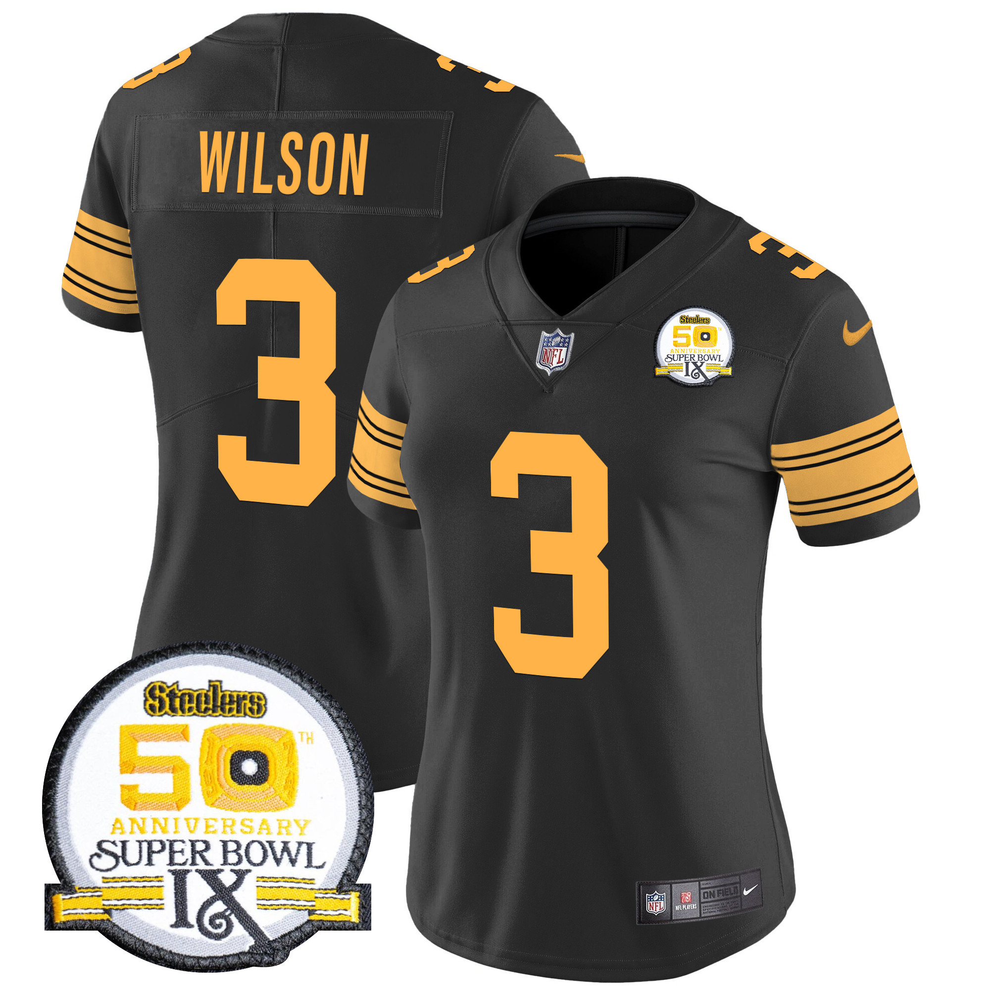 Russell Wilson Women's Pittsburgh Steelers 50th Anniversary Of Super Bowl IX Patch Vapor Limited Color Rush Jersey - All Stitched