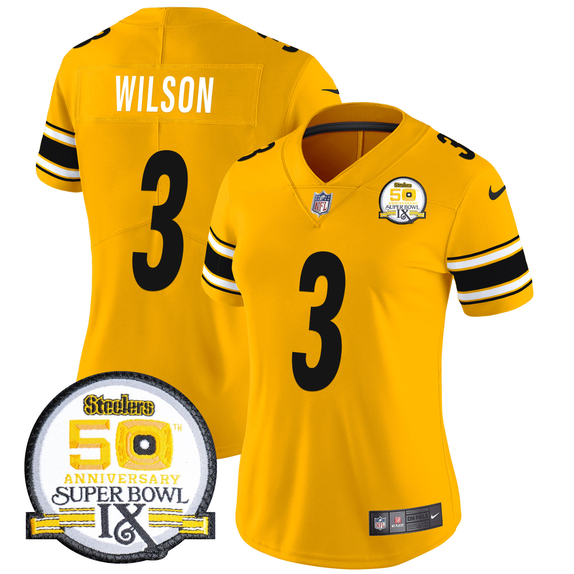 Russell Wilson Women's Pittsburgh Steelers 50th Anniversary Of Super Bowl IX Patch Vapor Limited Gold Jersey - All Stitched
