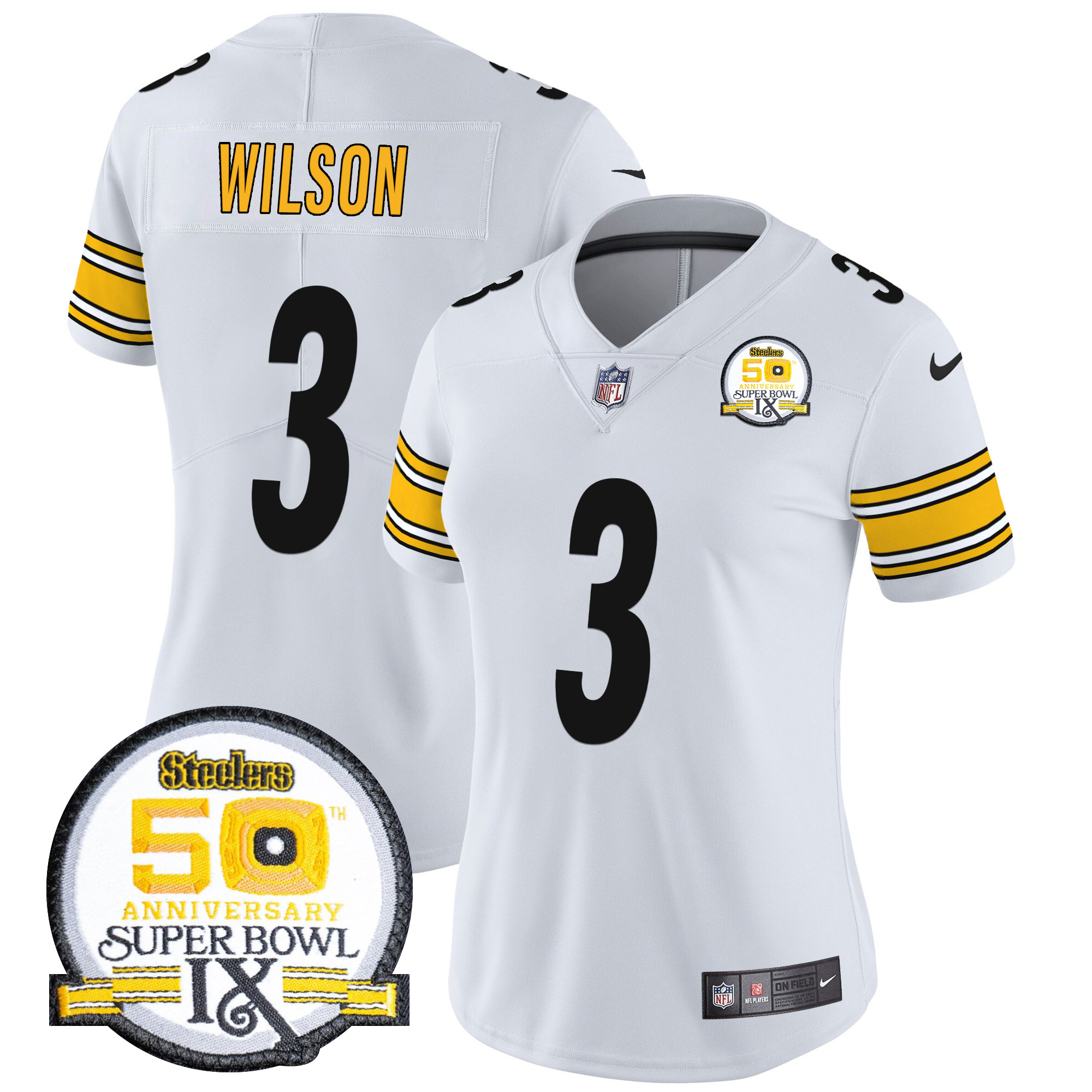 Russell Wilson Women's Pittsburgh Steelers 50th Anniversary Of Super Bowl IX Patch Vapor Limited White Jersey - All Stitched