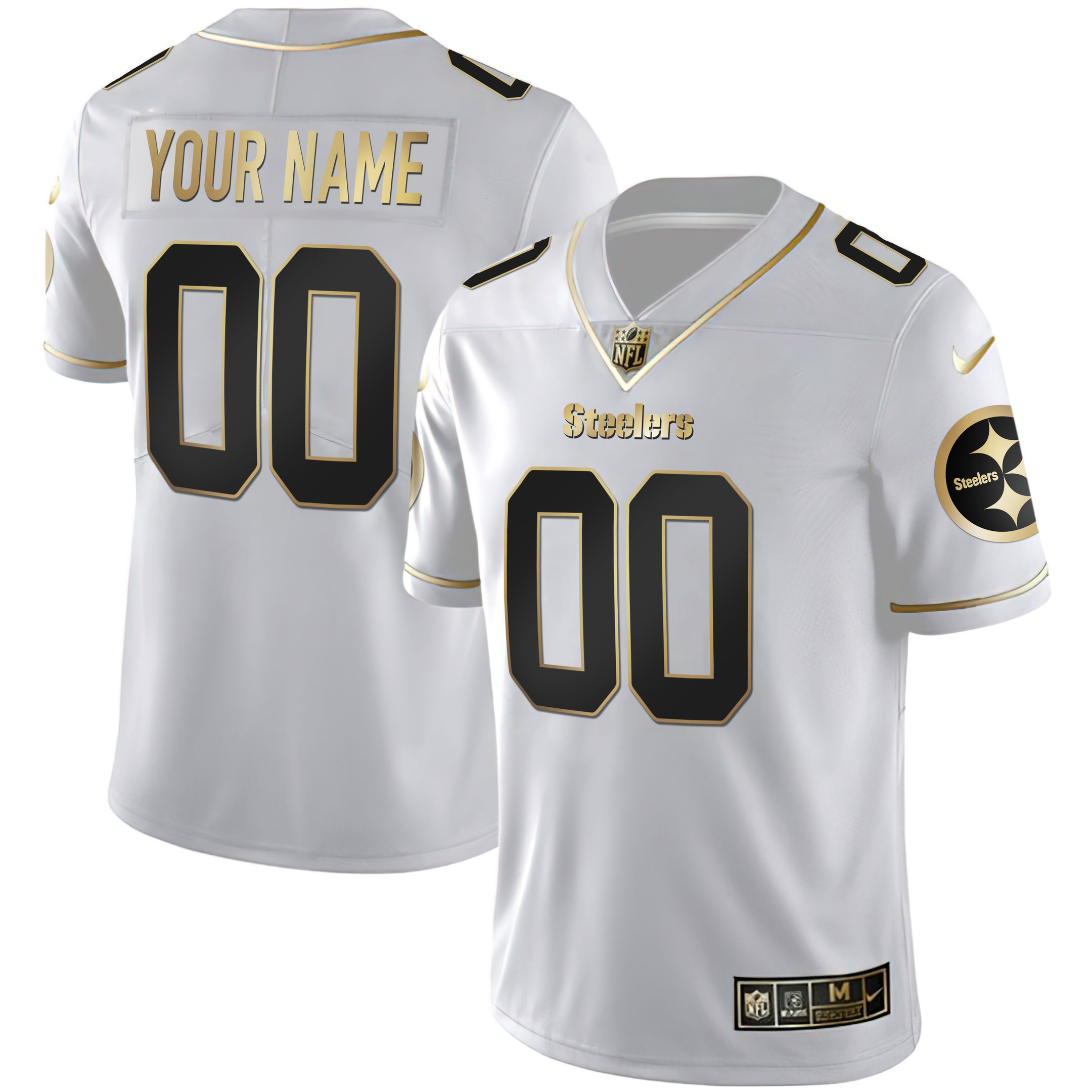 S Men's Pittsburgh Steelers Gold and Split Custom Name and Number - All Stitched White Gold Jersey - All Stitched