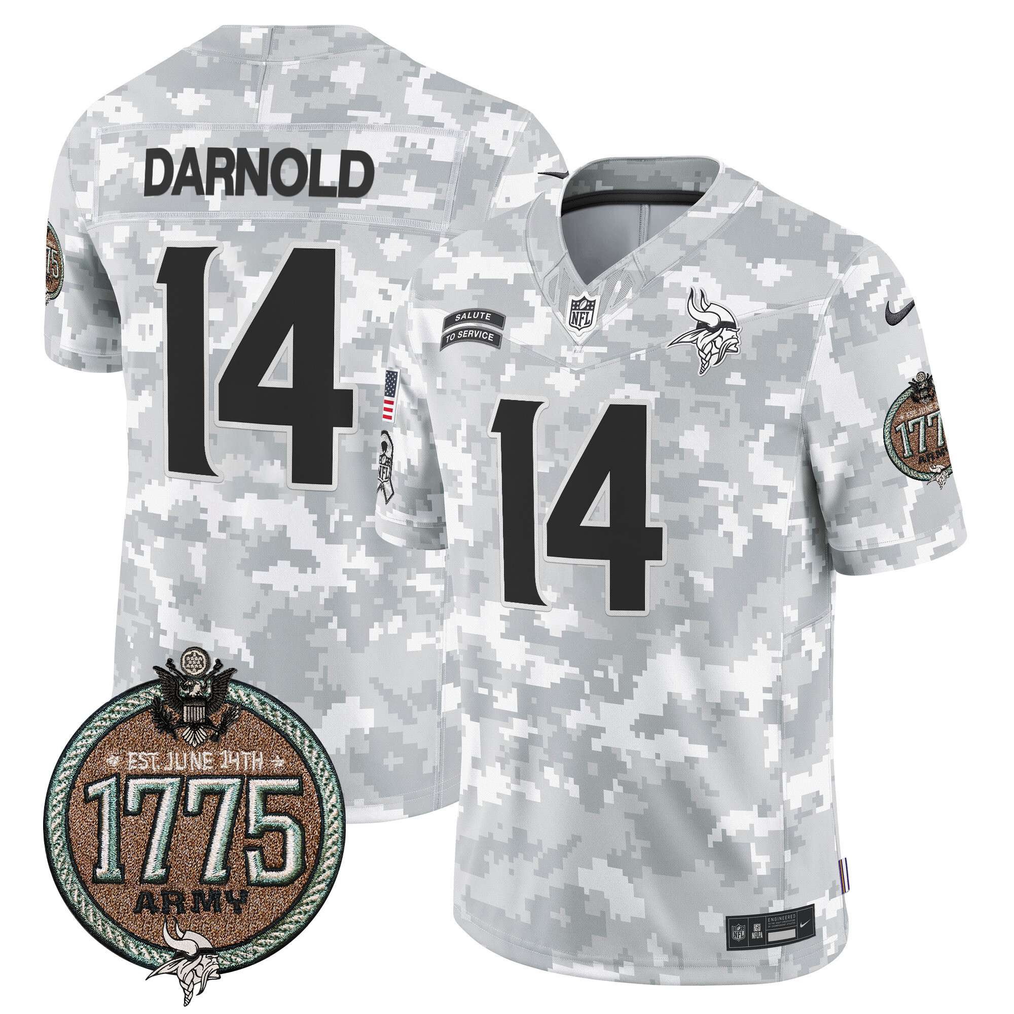 Sam Darnold Men's Minnesota Vikings 2024 Salute to Service Establishment Year Patch Vapor Limited Army Jersey - All Stitched