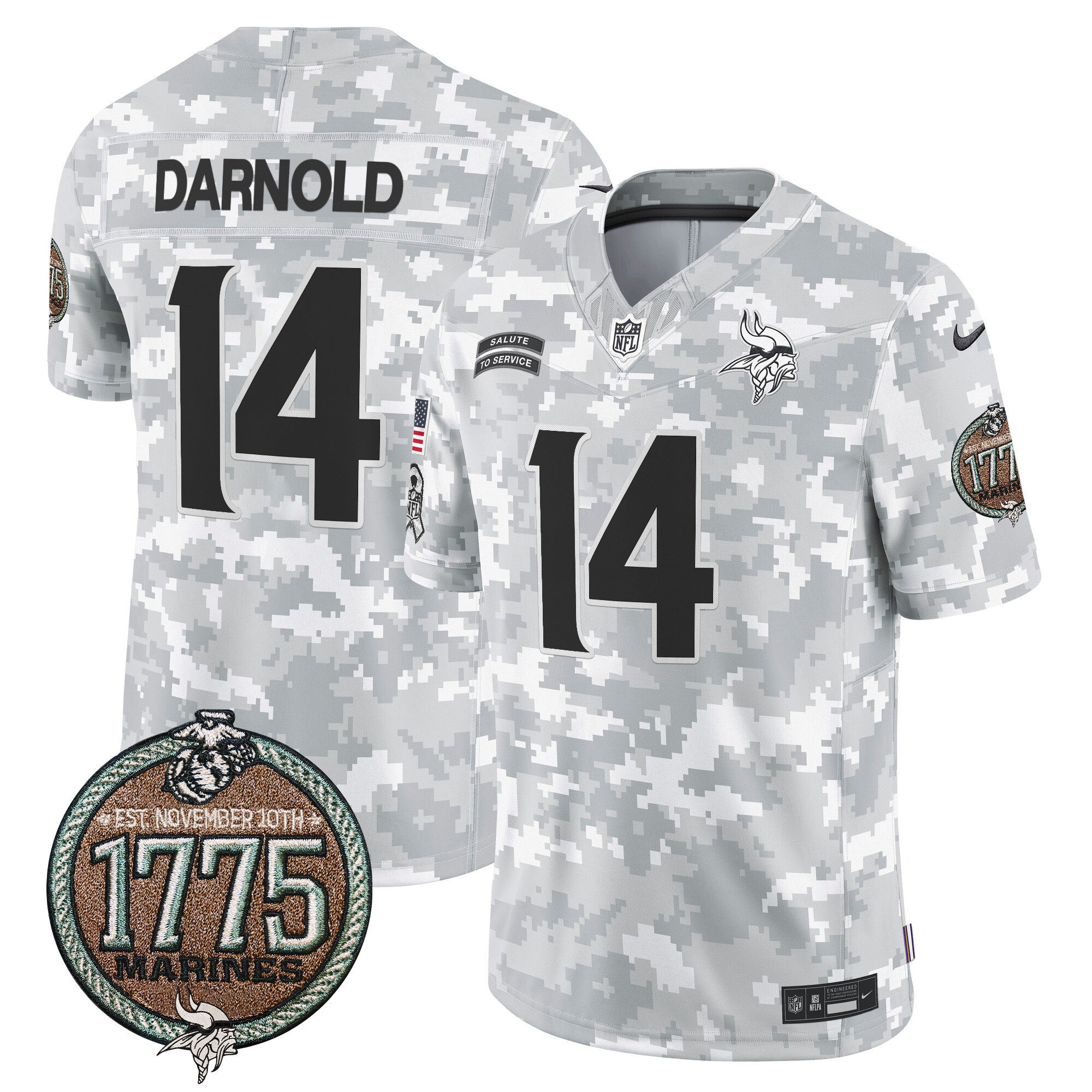 Sam Darnold Men's Minnesota Vikings 2024 Salute to Service Establishment Year Patch Vapor Limited Marines Jersey - All Stitched