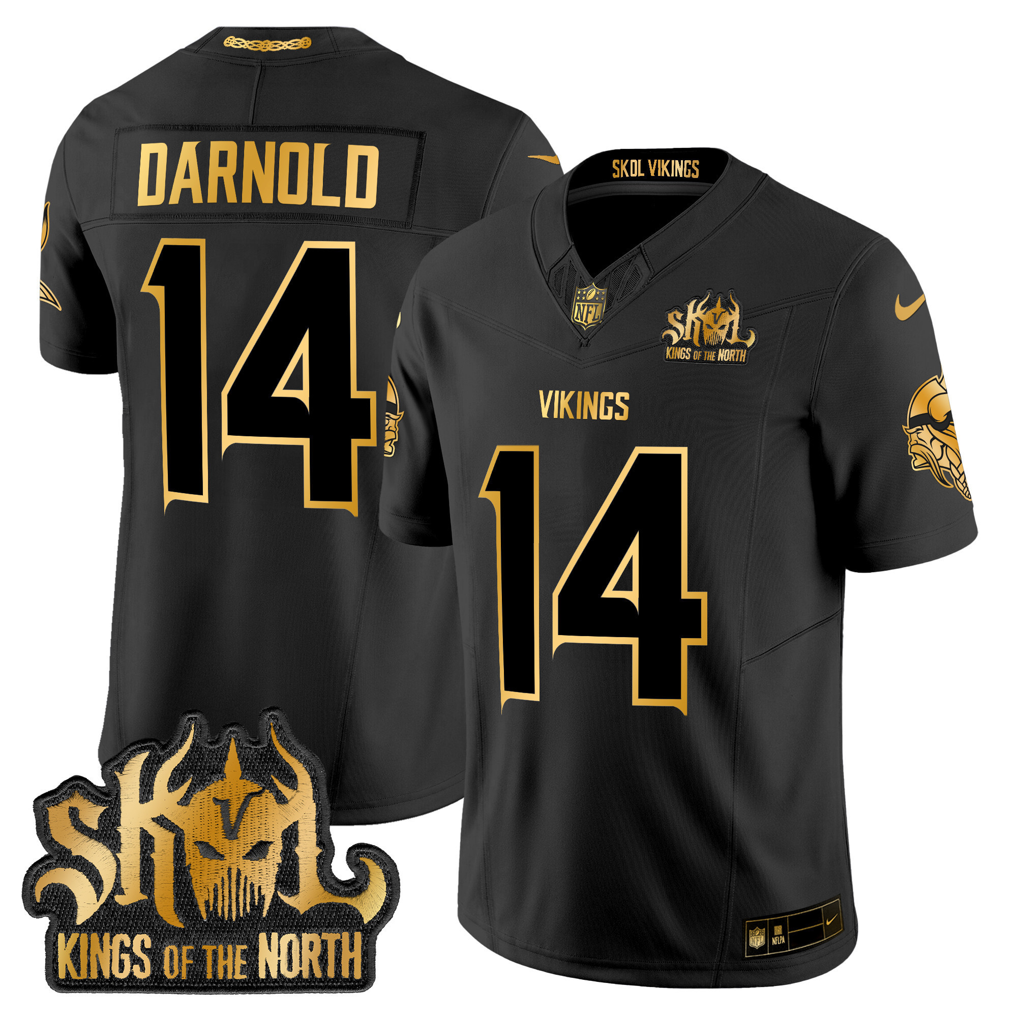 Sam Darnold Men's Minnesota Vikings 2024 Winter Warrior Skol Patch Gold Vapor Limited Black Gold Jersey - All Stitched