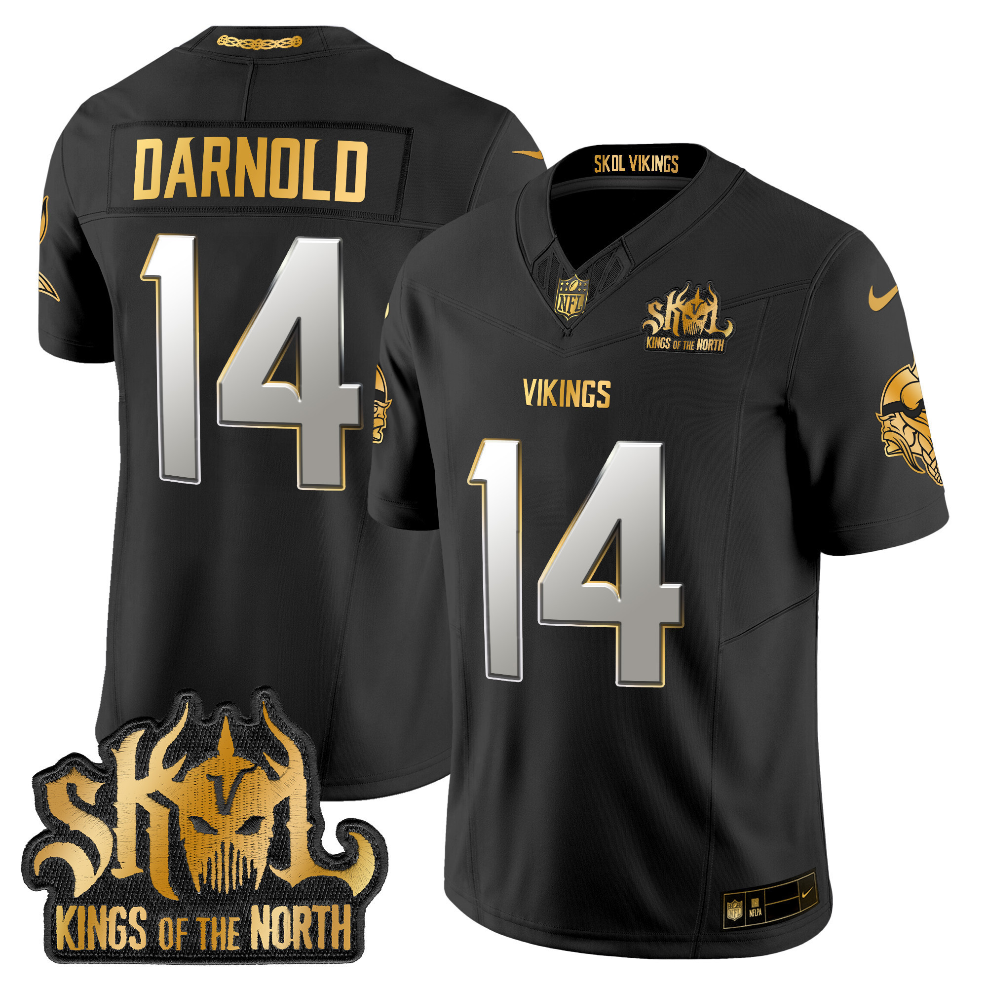 Sam Darnold Men's Minnesota Vikings 2024 Winter Warrior Skol Patch Gold Vapor Limited Black Limited Jersey - All Stitched