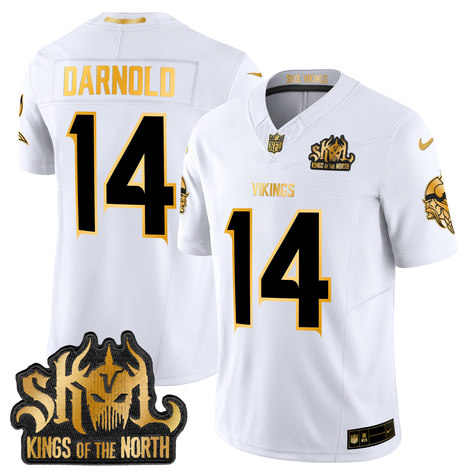 Sam Darnold Men's Minnesota Vikings 2024 Winter Warrior Skol Patch Gold Vapor Limited White Gold Jersey - All Stitched