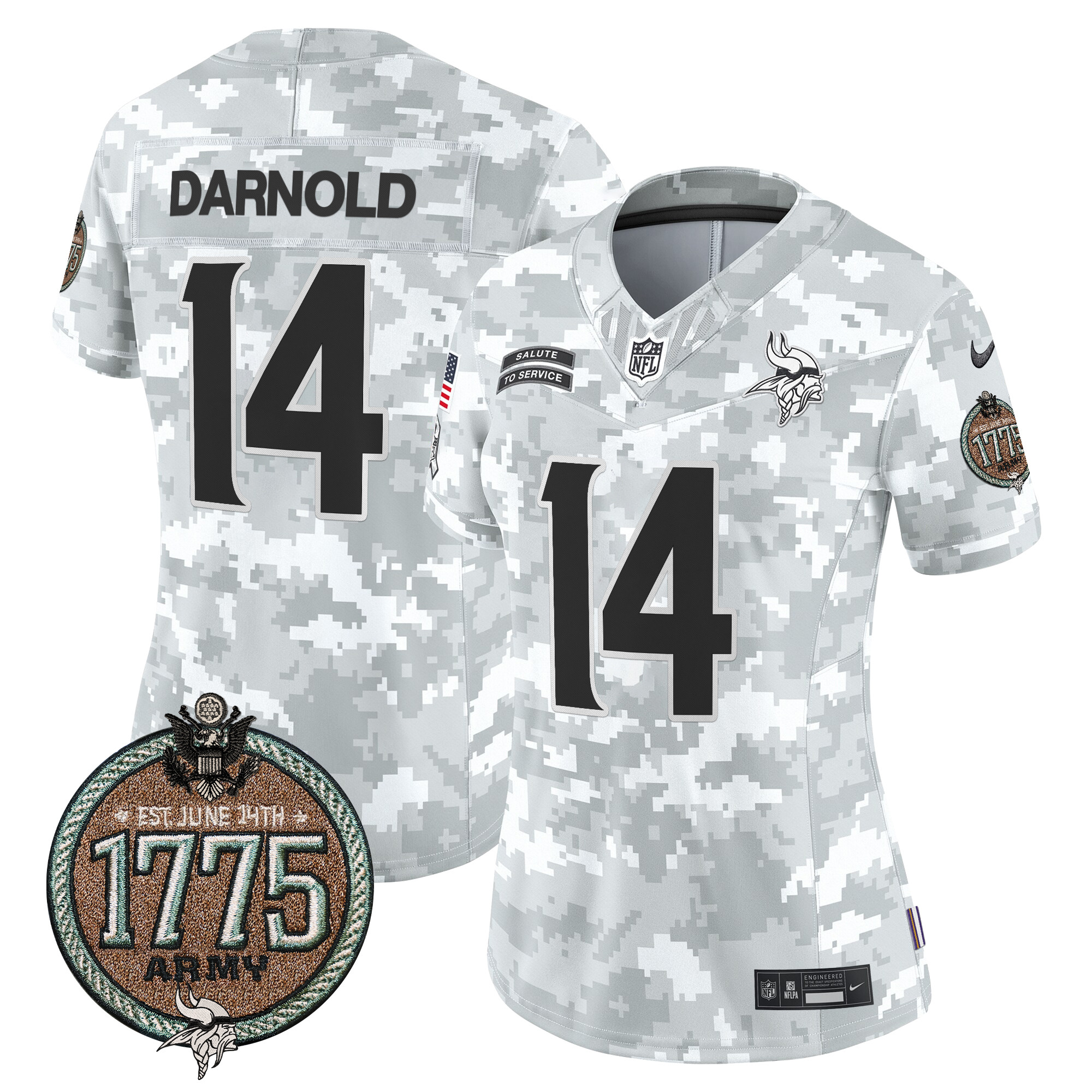 Sam Darnold Women's Minnesota Vikings 2024 Salute to Service Establishment Year Patch Vapor Limited Army Jersey - All Stitched