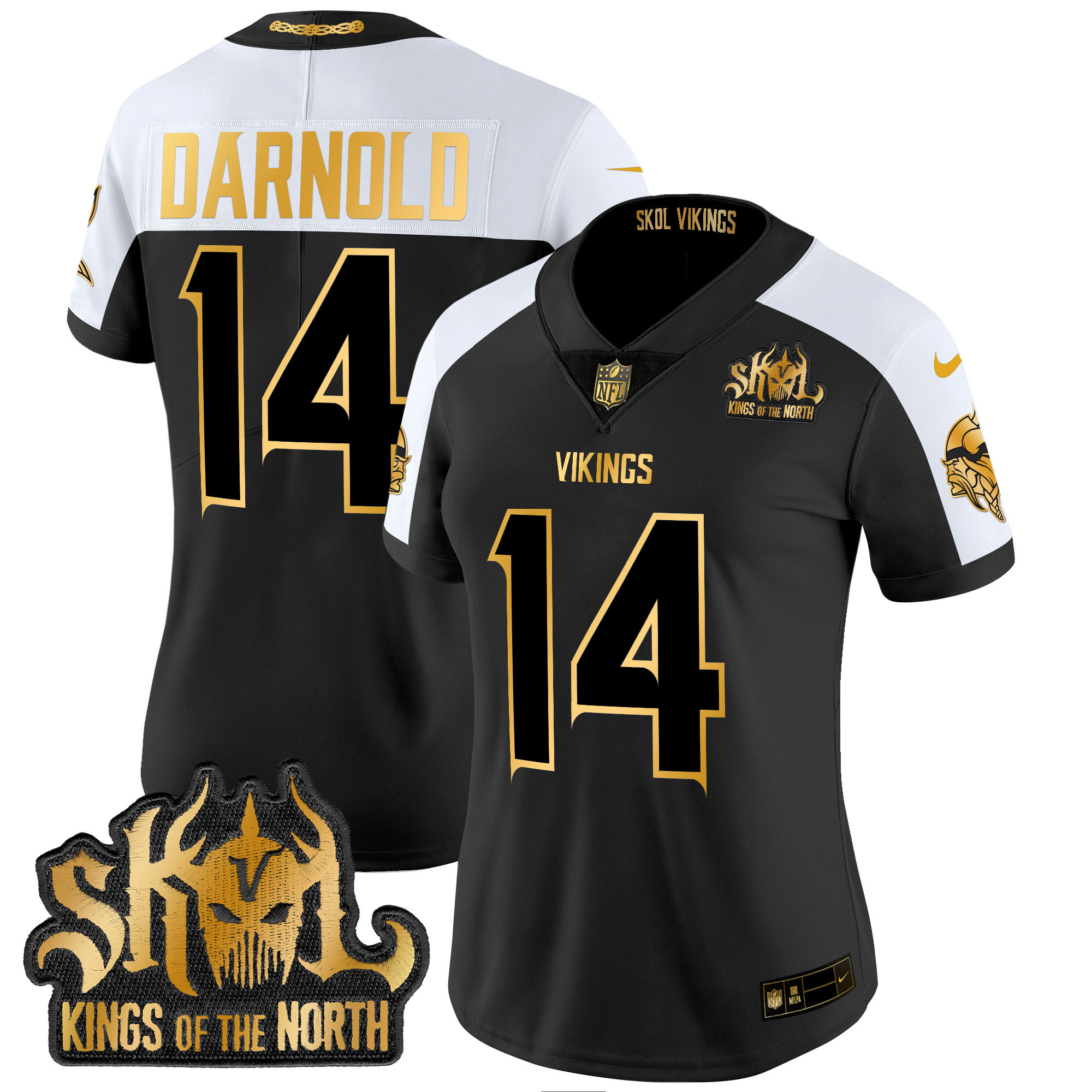 Sam Darnold Women's Minnesota Vikings 2024 Winter Warrior Skol Patch Gold Vapor Limited Alternate Jersey - All Stitched