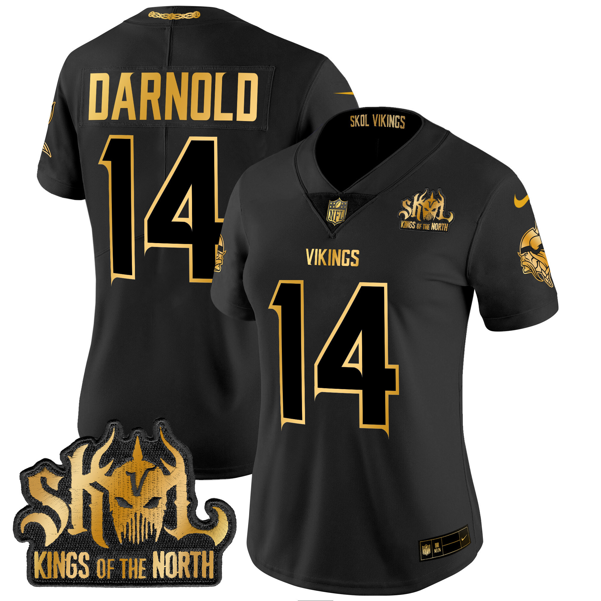 Sam Darnold Women's Minnesota Vikings 2024 Winter Warrior Skol Patch Gold Vapor Limited Black Gold Jersey - All Stitched