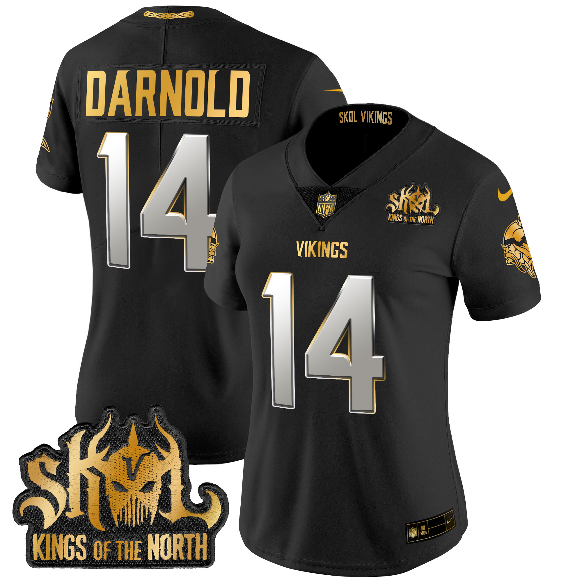 Sam Darnold Women's Minnesota Vikings 2024 Winter Warrior Skol Patch Gold Vapor Limited Black Limited Jersey - All Stitched
