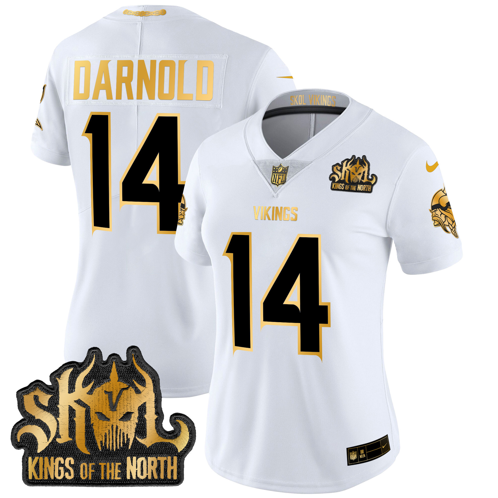 Sam Darnold Women's Minnesota Vikings 2024 Winter Warrior Skol Patch Gold Vapor Limited White Gold Jersey - All Stitched