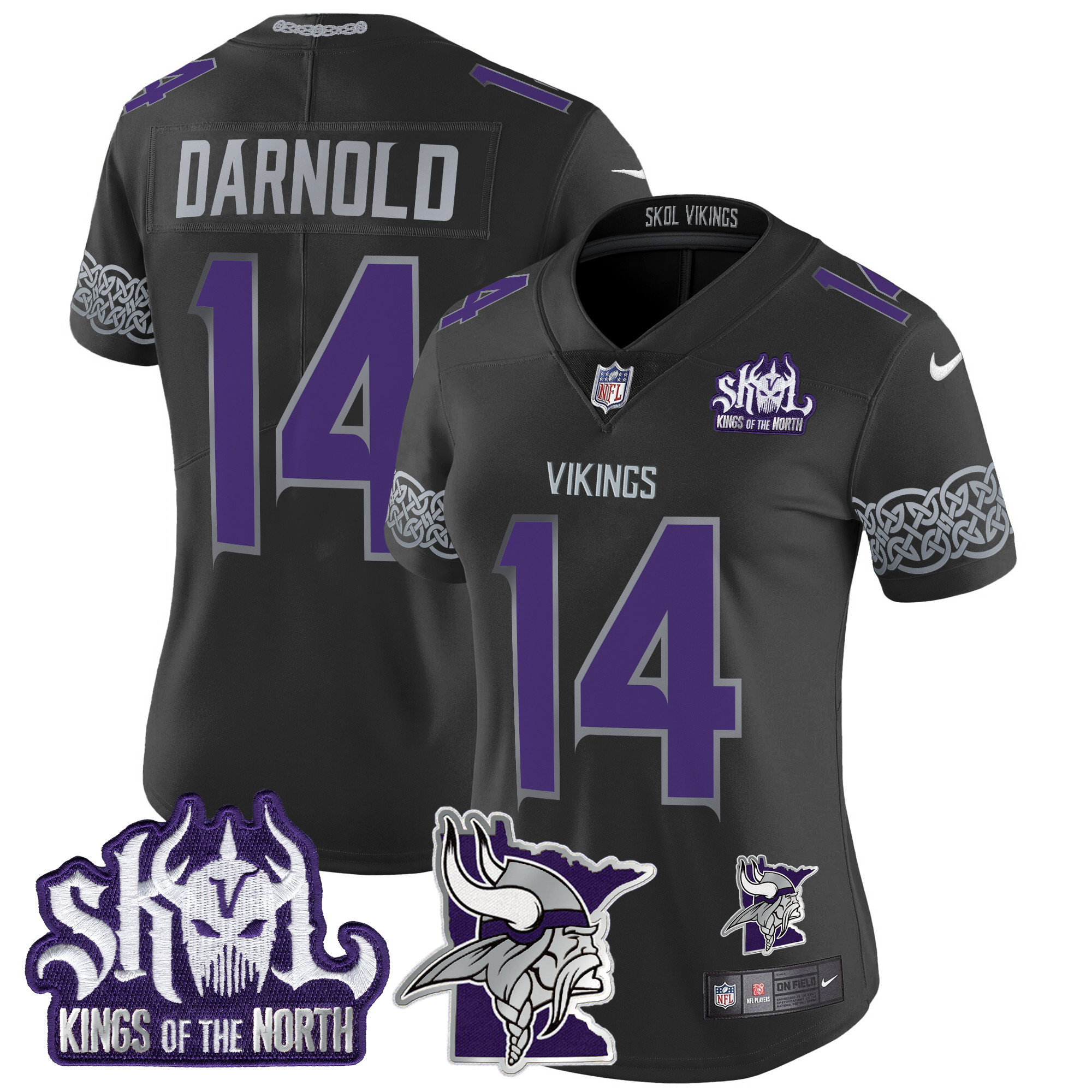 Sam Darnold Women's Minnesota Vikings 2024 Winter Warrior Skol Patch Vapor Limited Black Jersey - All Stitched