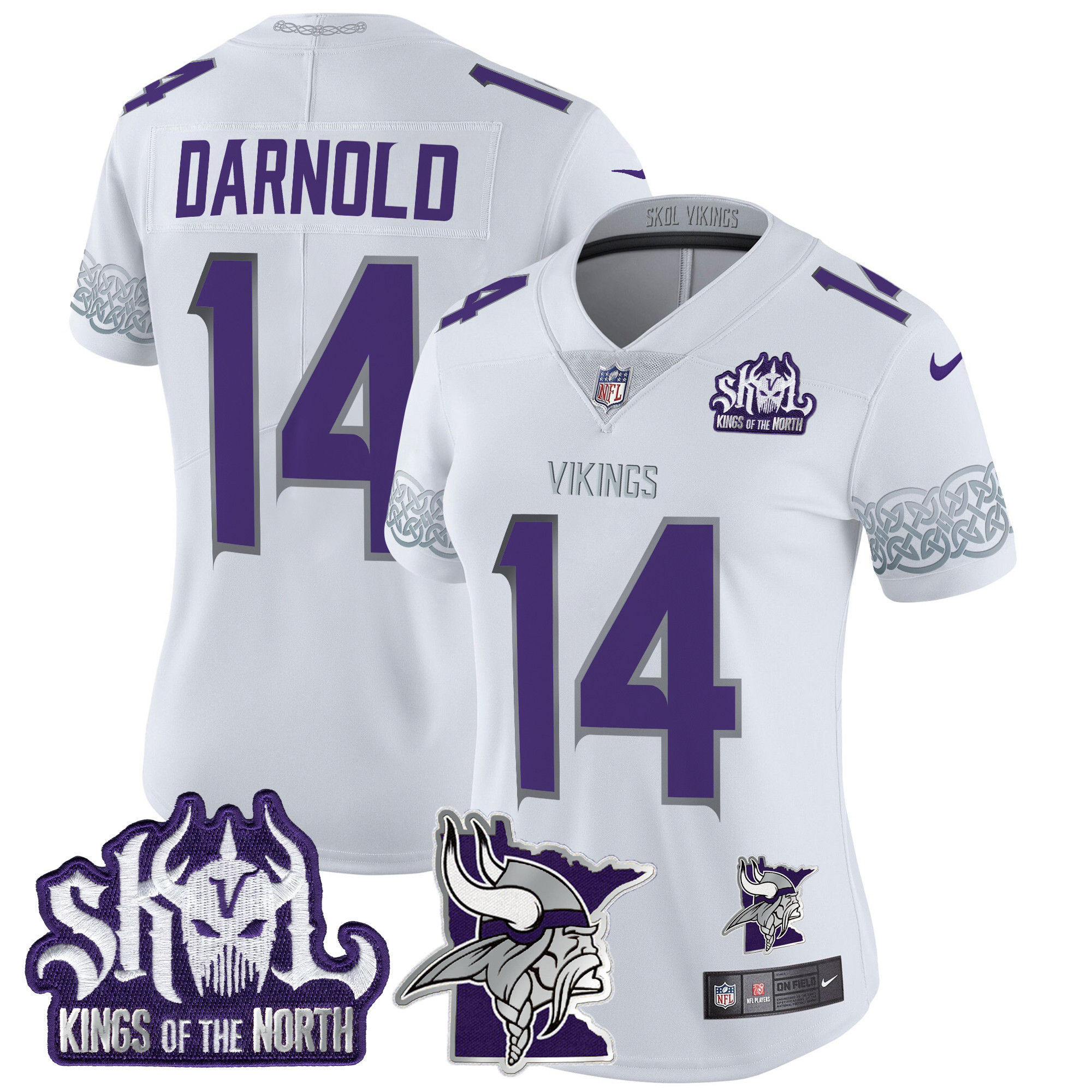 Sam Darnold Women's Minnesota Vikings 2024 Winter Warrior Skol Patch Vapor Limited White Jersey - All Stitched