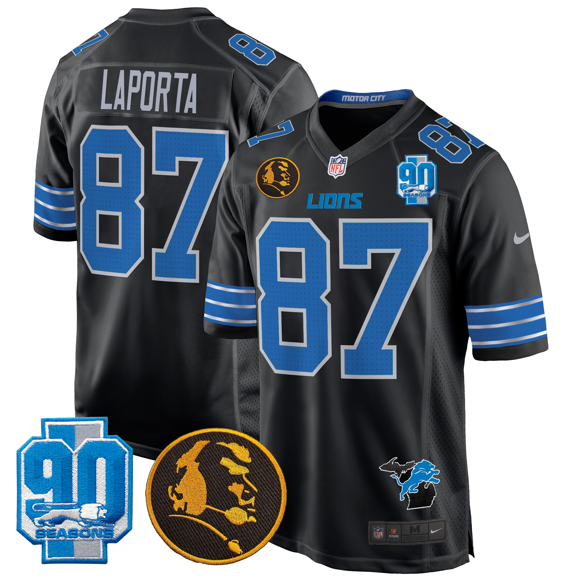 Sam Laporta Men's Detroit Lions 2024 90th & John Madden Patch Game Black Jersey - All Stitched