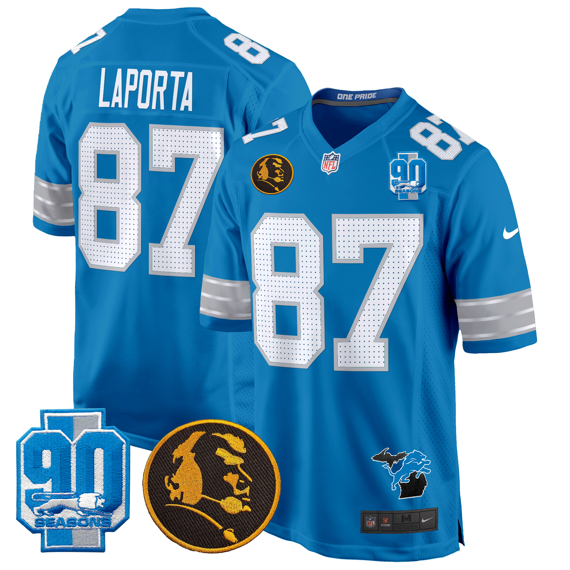 Sam Laporta Men's Detroit Lions 2024 90th & John Madden Patch Game Blue Jersey - All Stitched